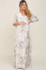 Mint Green Floral Chiffon Double V-Neck Smocked Waist Front Slit Maternity Maxi Dress sold by Pinkblush