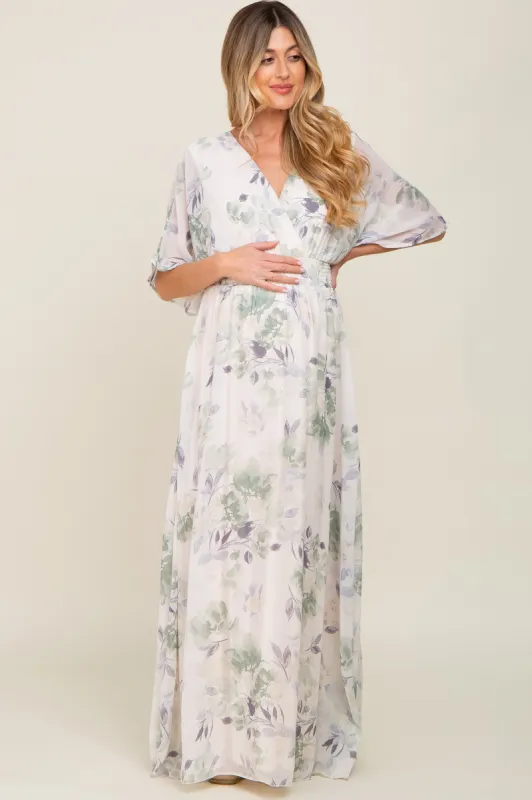 Mint Green Floral Chiffon Double V-Neck Smocked Waist Front Slit Maternity Maxi Dress sold by Pinkblush