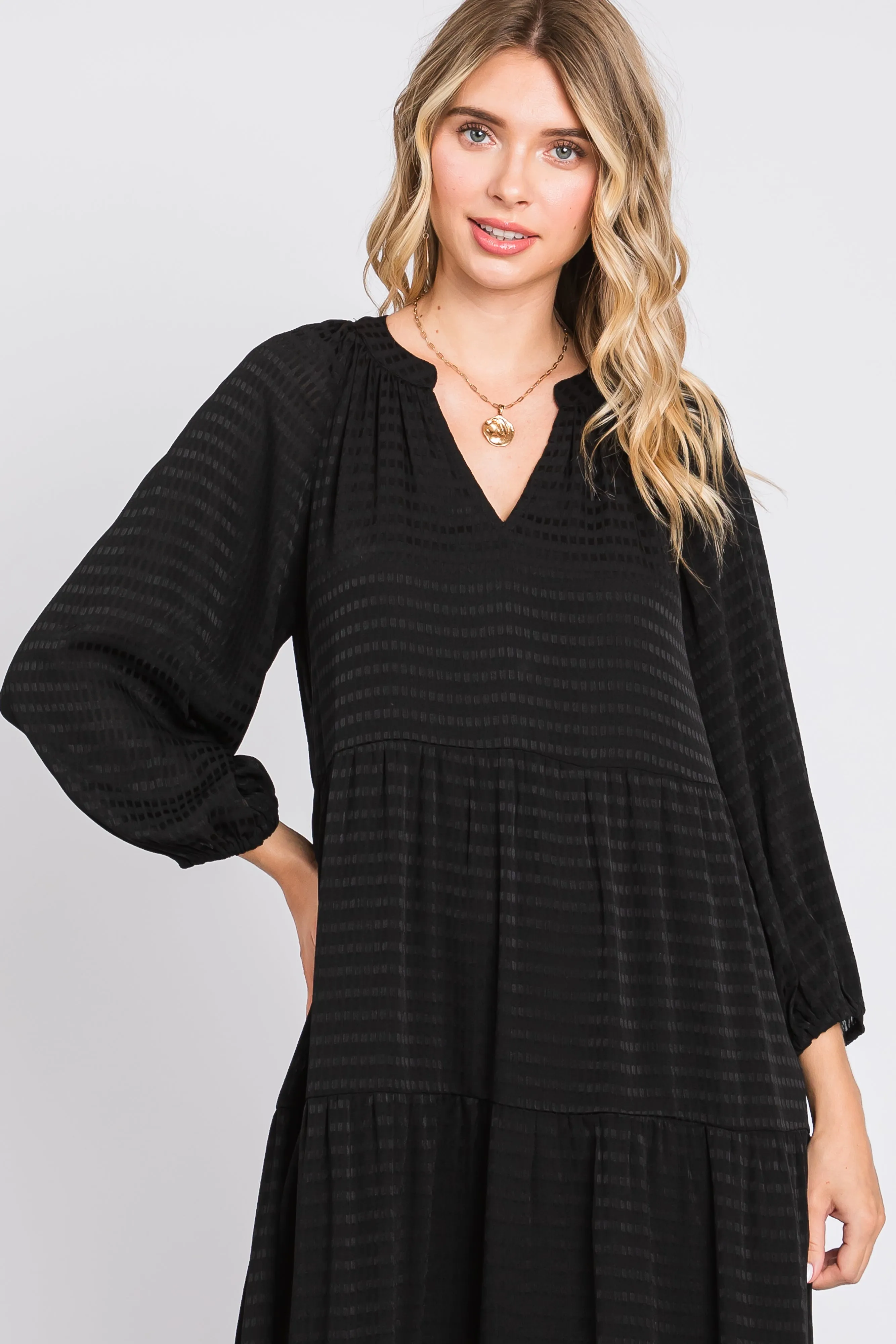 Black Textured Tiered Maternity Midi Dress sold by Pinkblush product image thumbnail 4