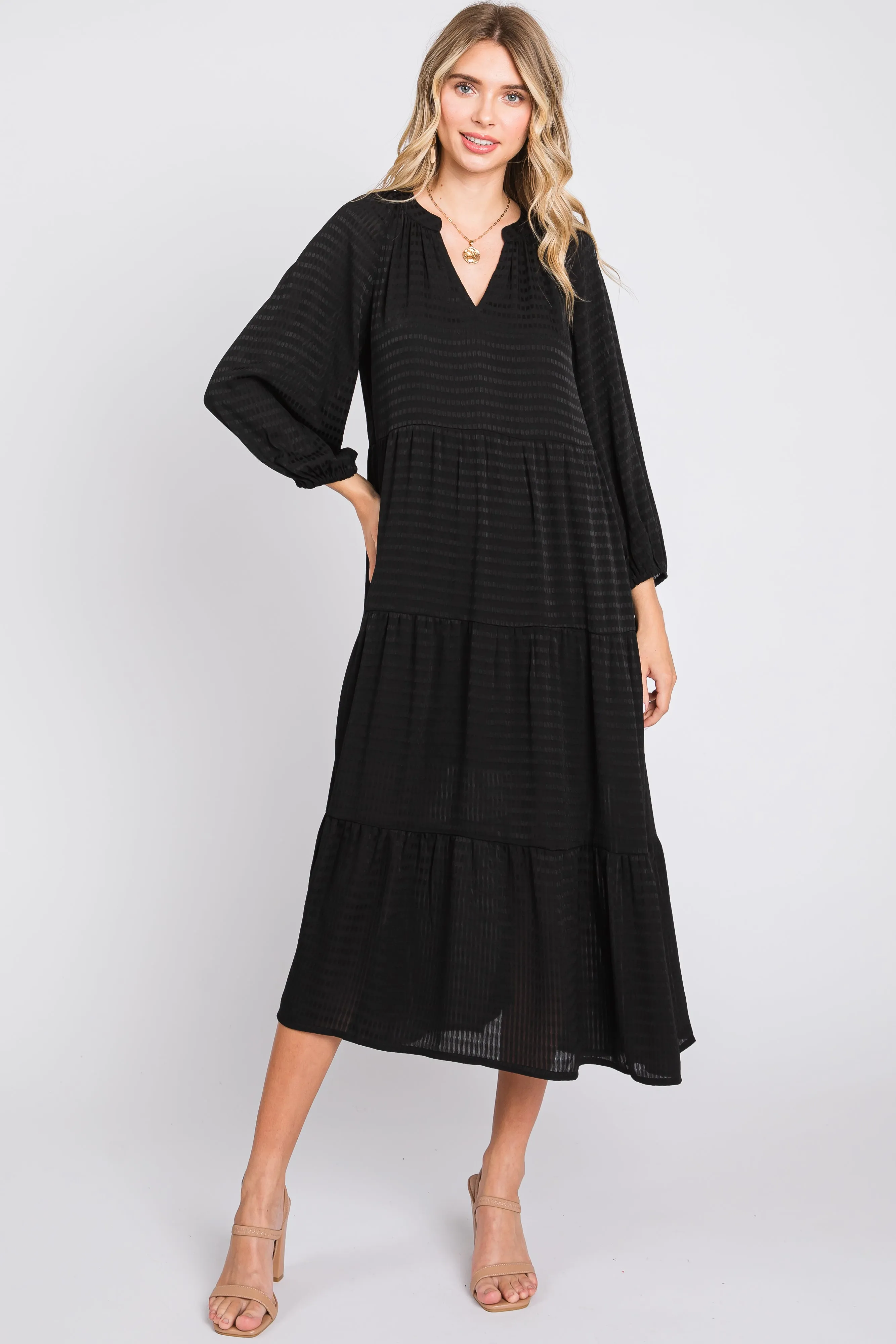 Black Textured Tiered Maternity Midi Dress sold by Pinkblush