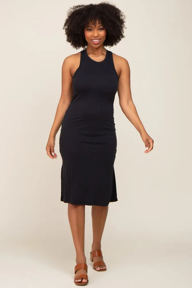 Black Ribbed Side Slit Midi Dress sold by Pinkblush