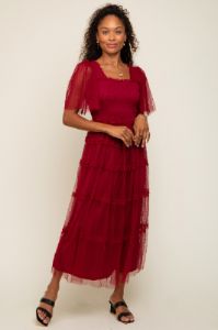 Burgundy Ruffled Mesh Maternity Maxi Dress sold by Pinkblush