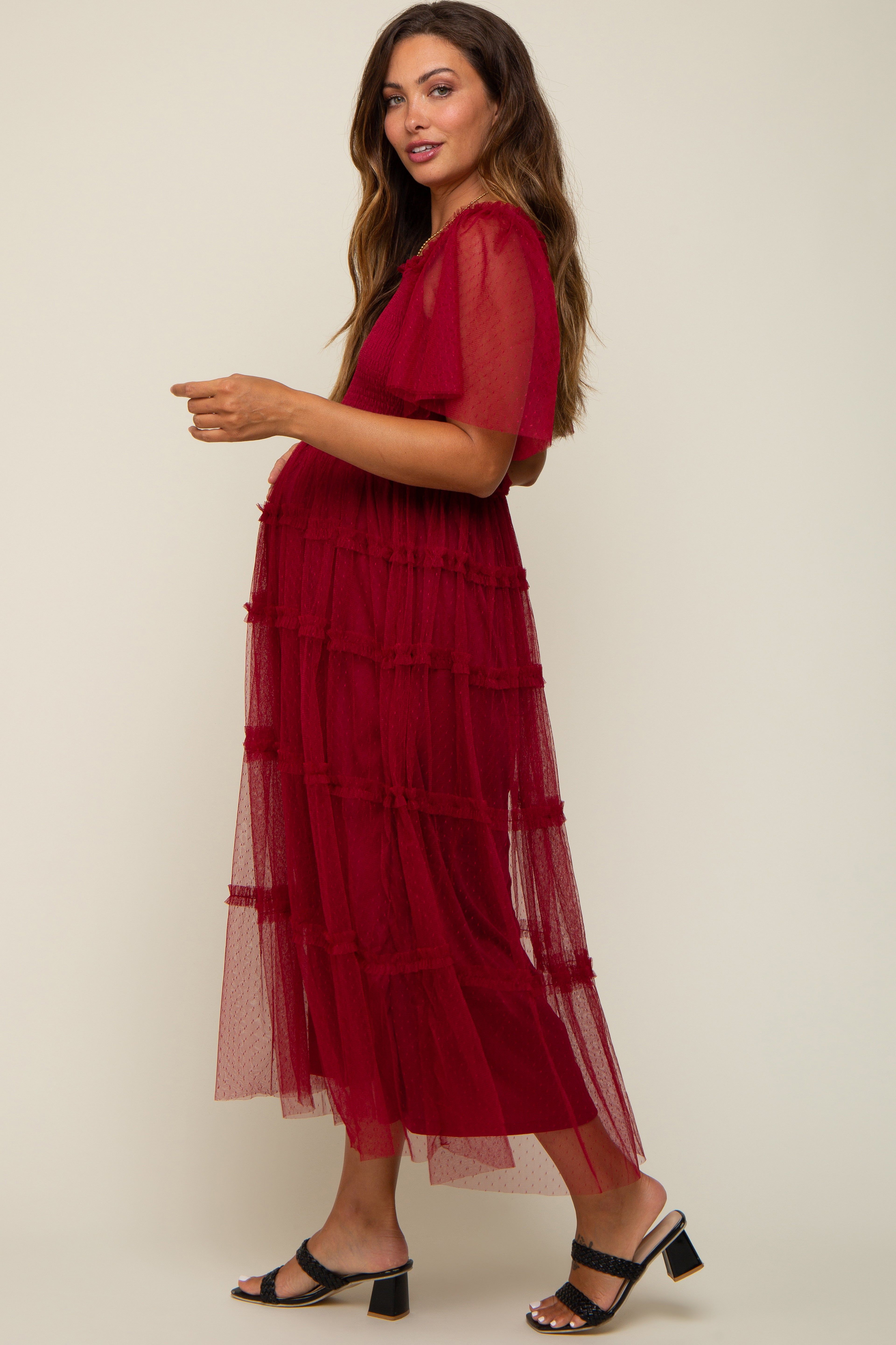 Burgundy Ruffled Mesh Maternity Maxi Dress sold by Pinkblush product image thumbnail 2