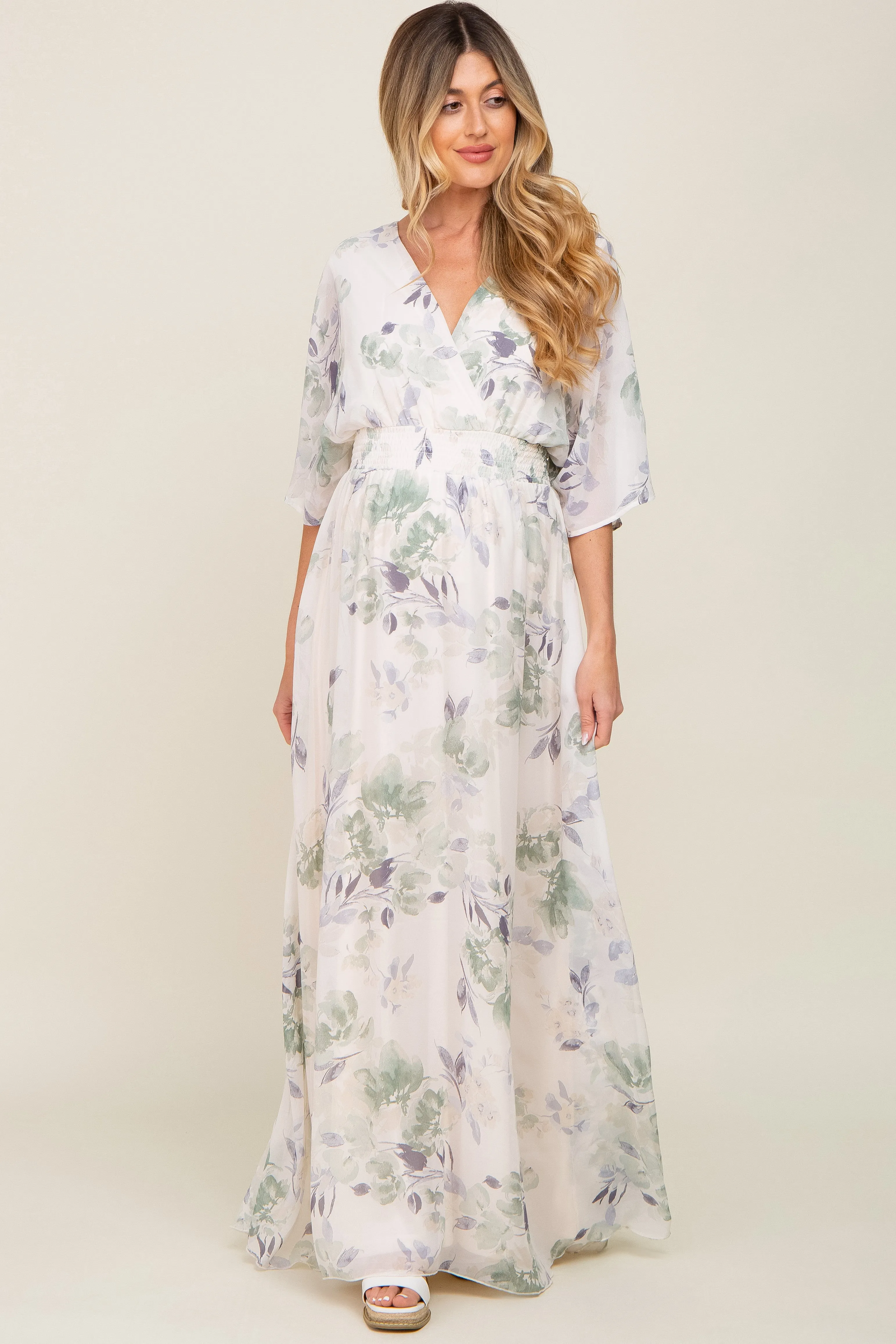 Mint Green Floral Chiffon Double V-Neck Smocked Waist Front Slit Maternity Maxi Dress sold by Pinkblush product image thumbnail 2