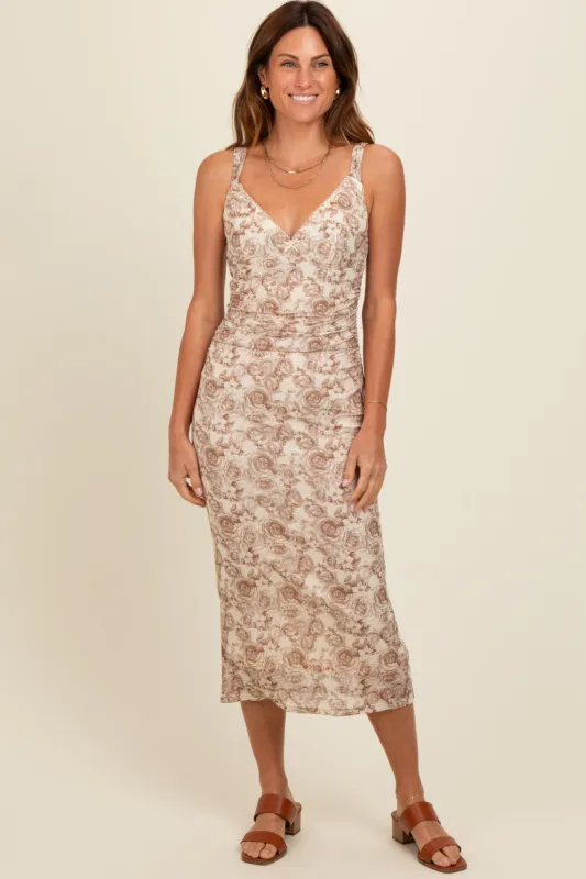 Brown Rose Print Ruched Midi Dress sold by Pinkblush