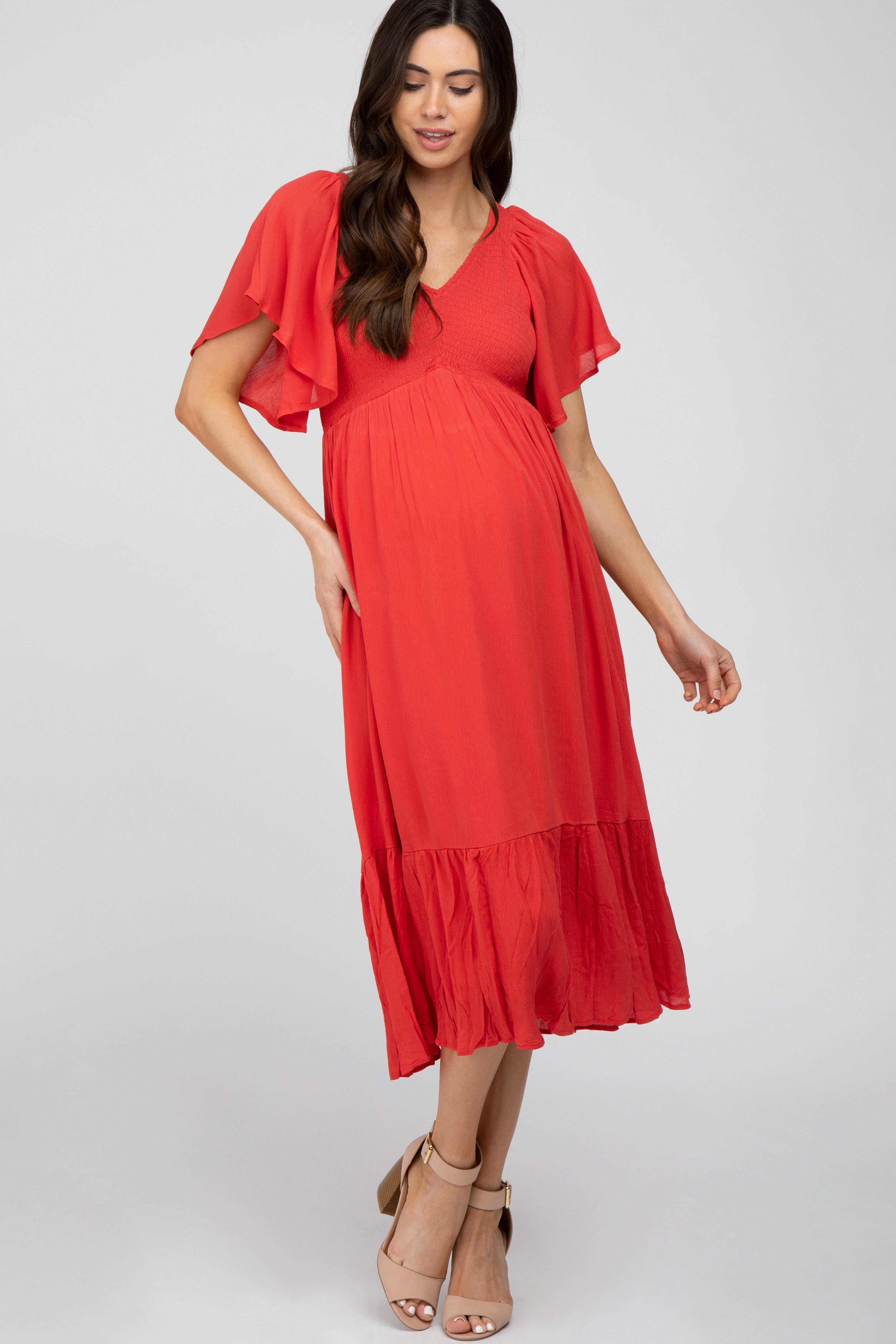 Coral Smocked Ruffle Maternity Dress sold by Pinkblush product image thumbnail 2