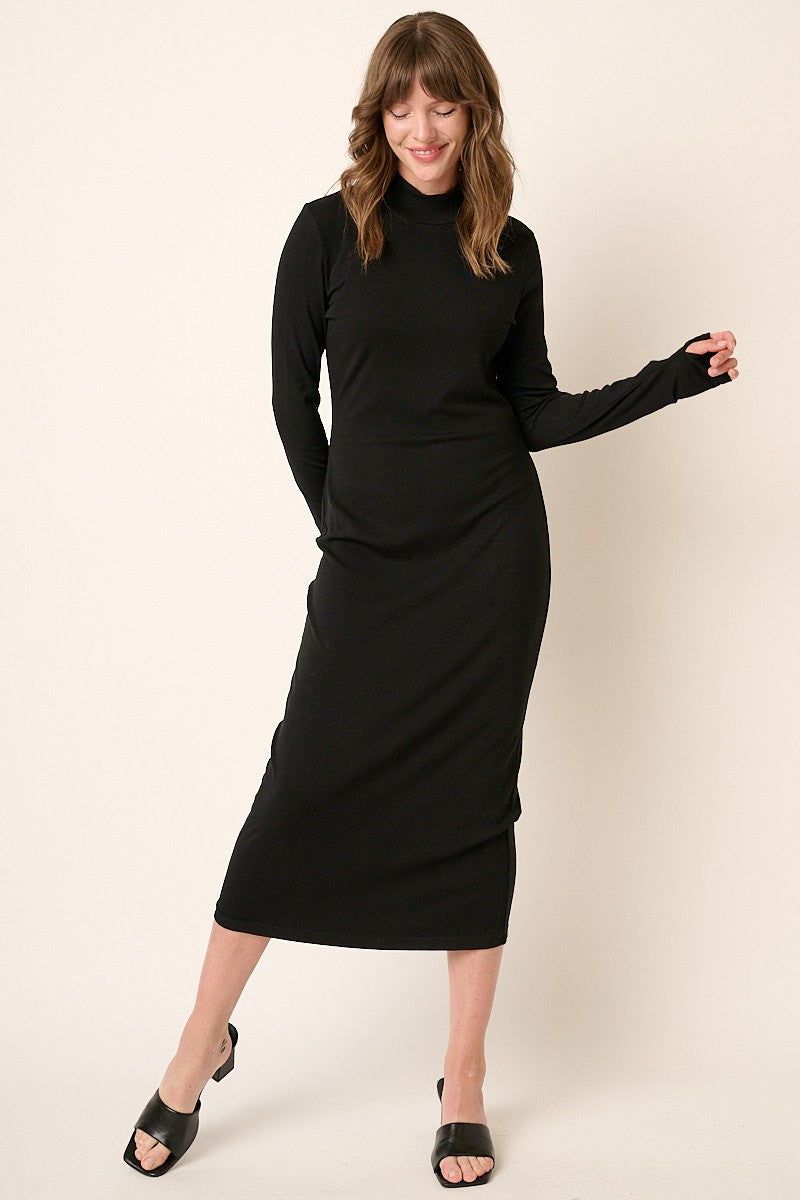 Black Ribbed Mock Neck Midi Dress sold by Pinkblush