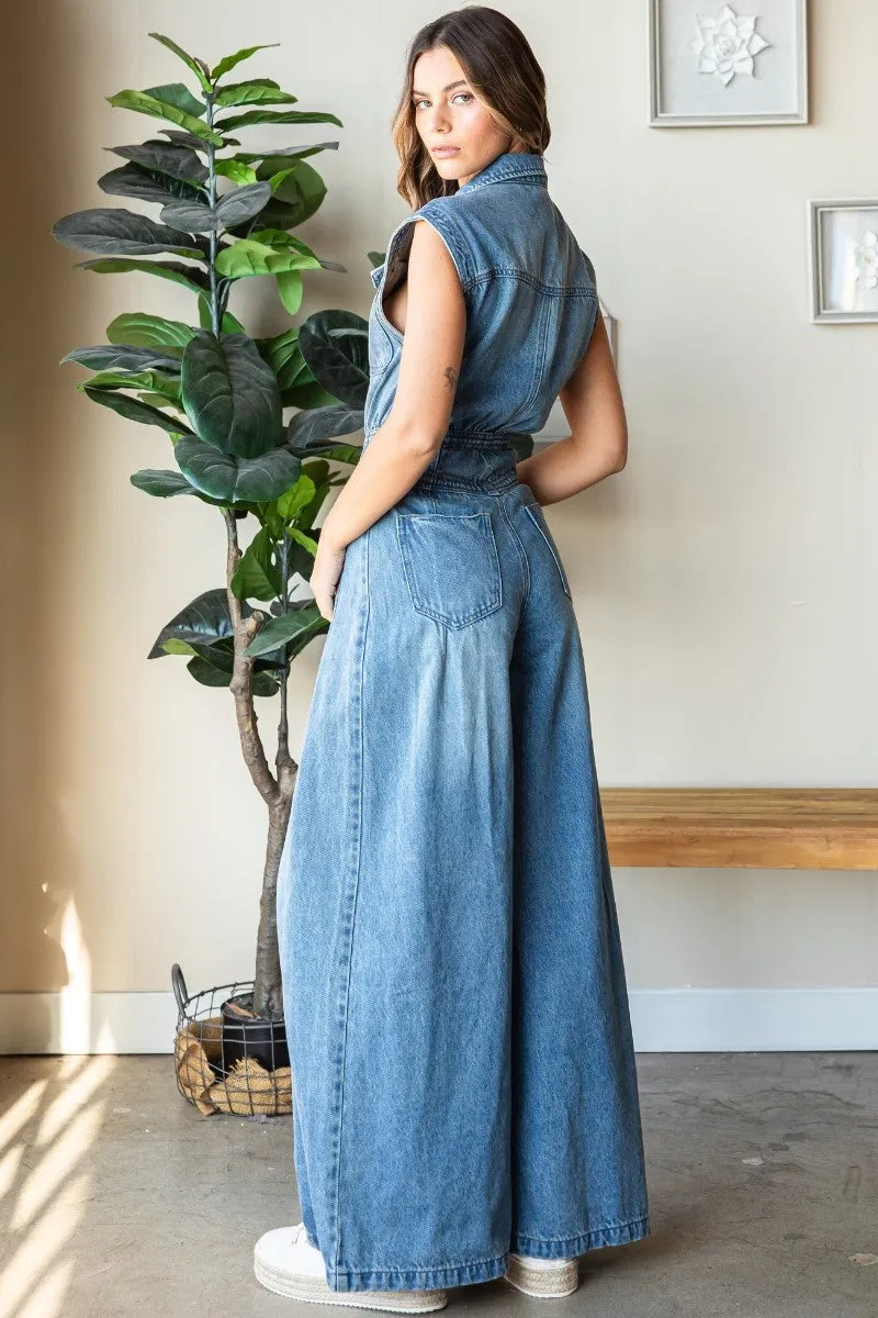 Medium Wash Denim Button Down Sleeveless Jumpsuit sold by Pinkblush product image thumbnail 3