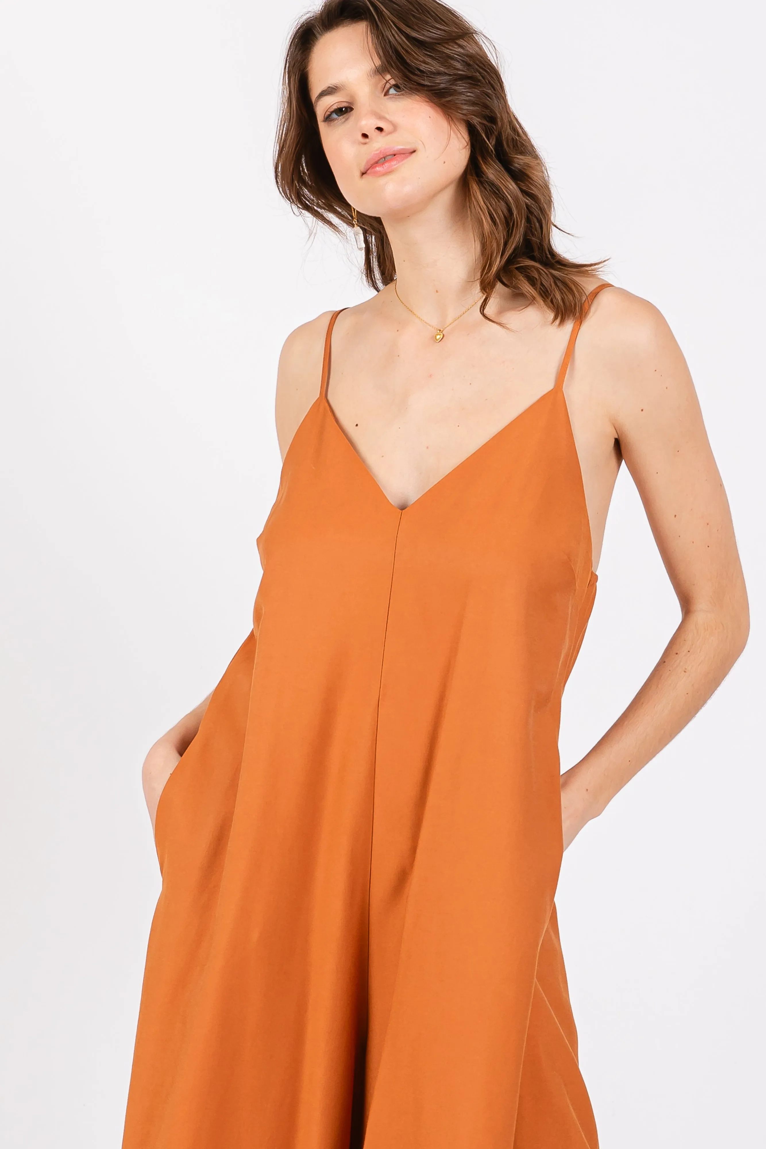 Rust V-Neck Sleeveless Wide Leg Jumpsuit sold by Pinkblush product image thumbnail 4