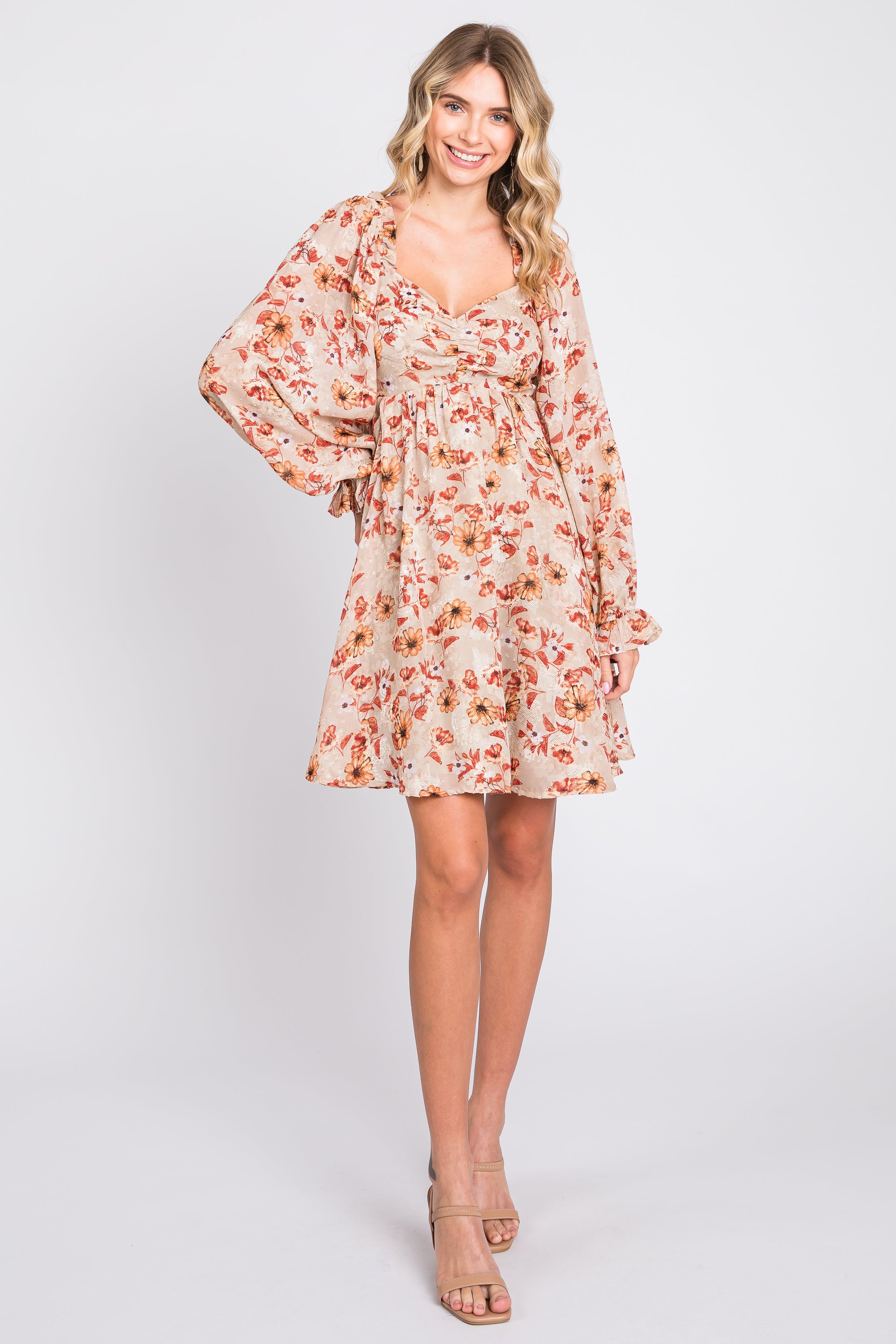 Taupe Floral Chiffon Sweetheart Neck Long Puff Sleeve Dress sold by Pinkblush product image thumbnail 5