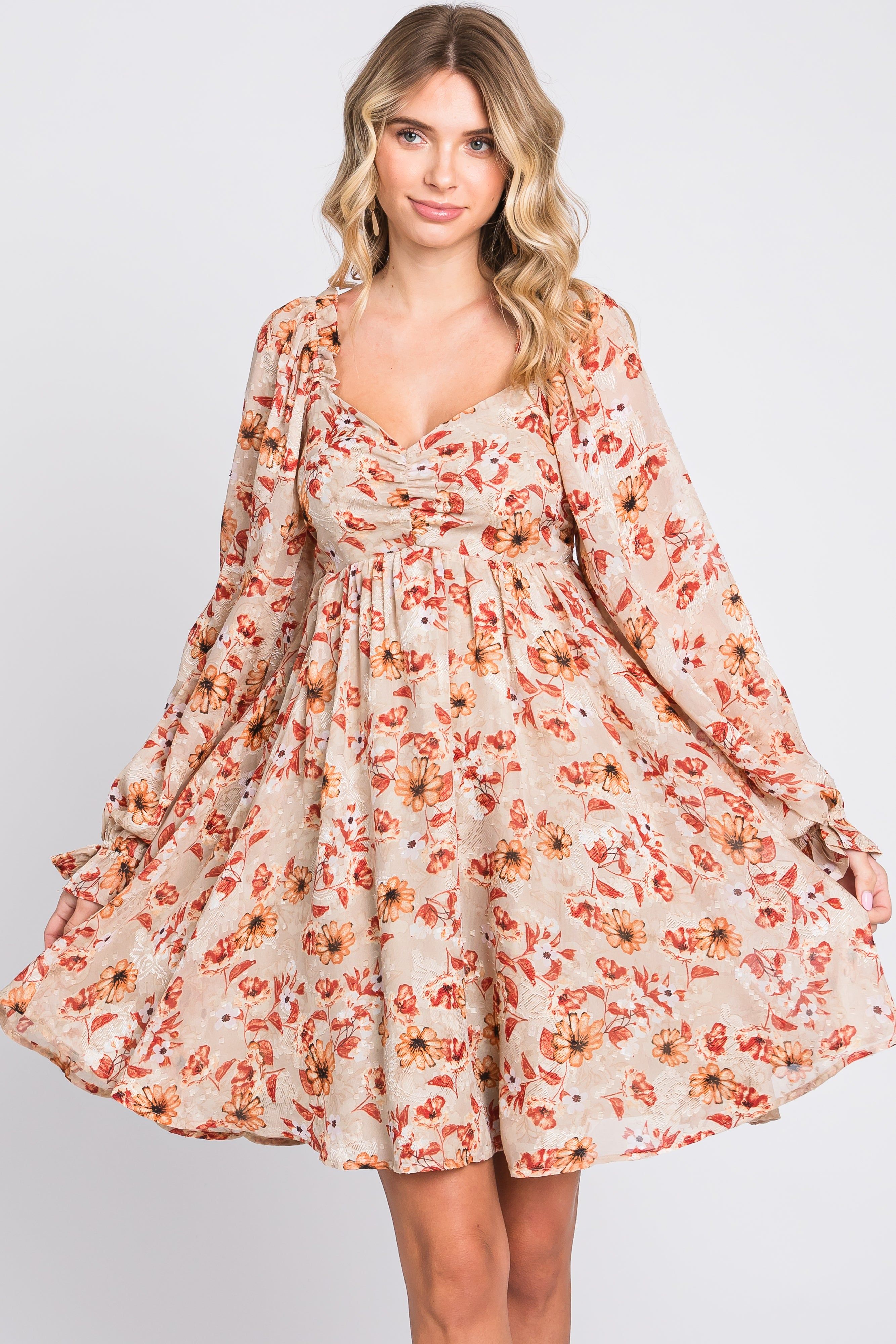 Taupe Floral Chiffon Sweetheart Neck Long Puff Sleeve Dress sold by Pinkblush product image thumbnail 2