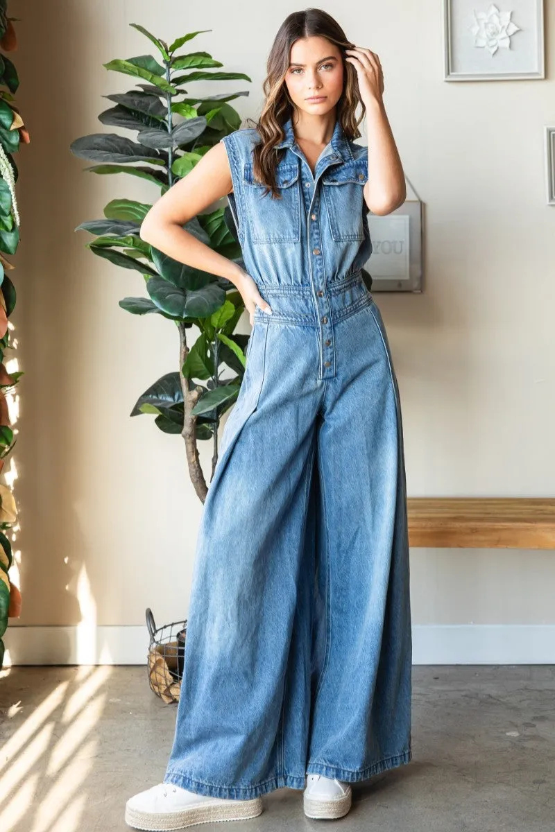 Medium Wash Denim Button Down Sleeveless Jumpsuit sold by Pinkblush