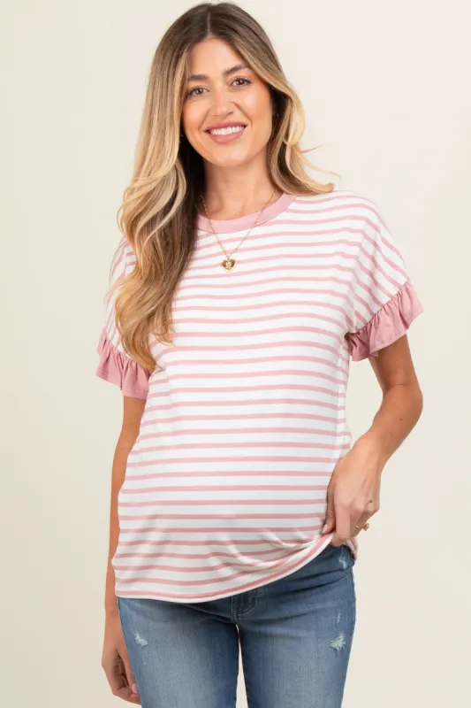 Mauve Striped Ruffle Sleeve Maternity Top sold by Pinkblush