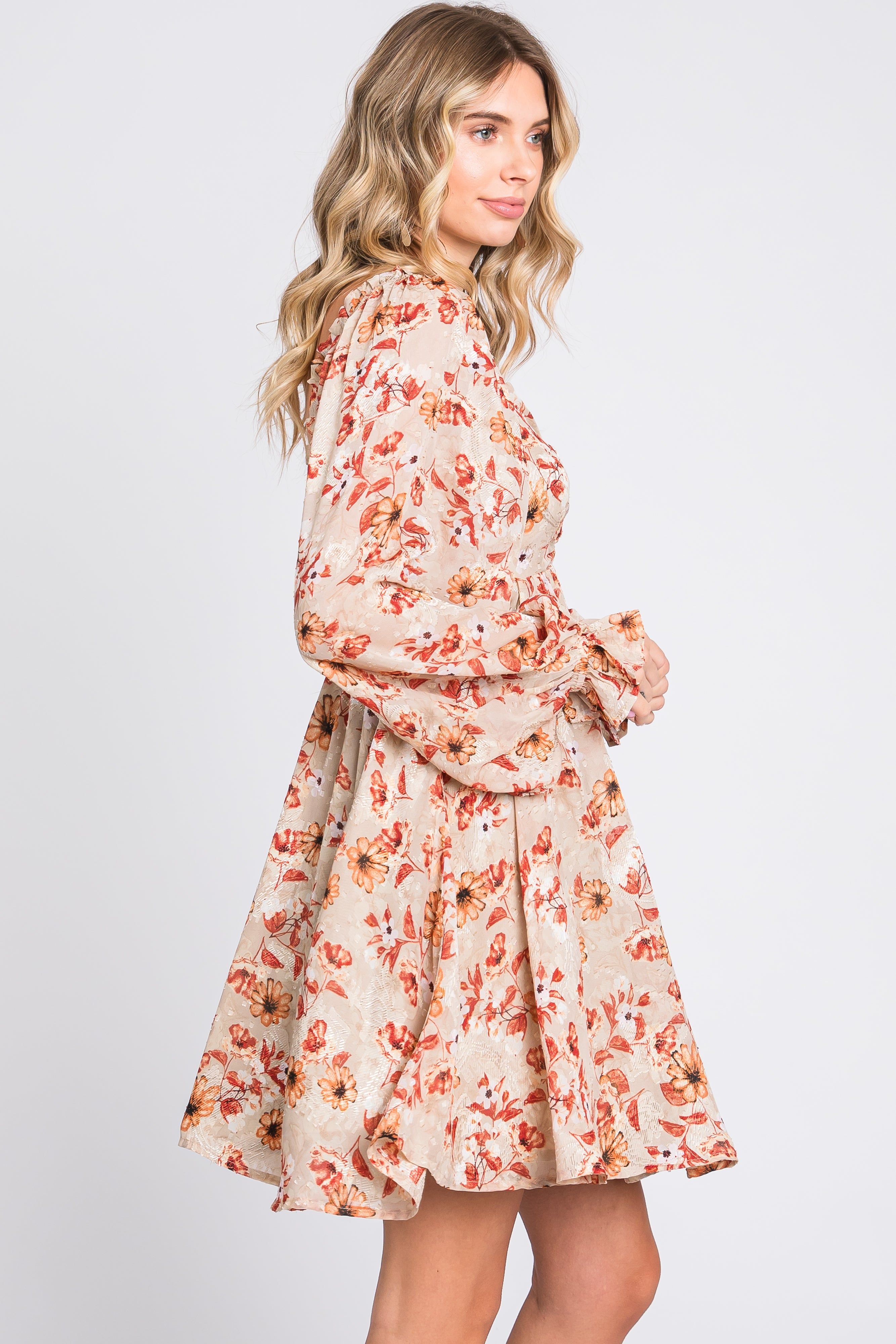 Taupe Floral Chiffon Sweetheart Neck Long Puff Sleeve Dress sold by Pinkblush product image thumbnail 3