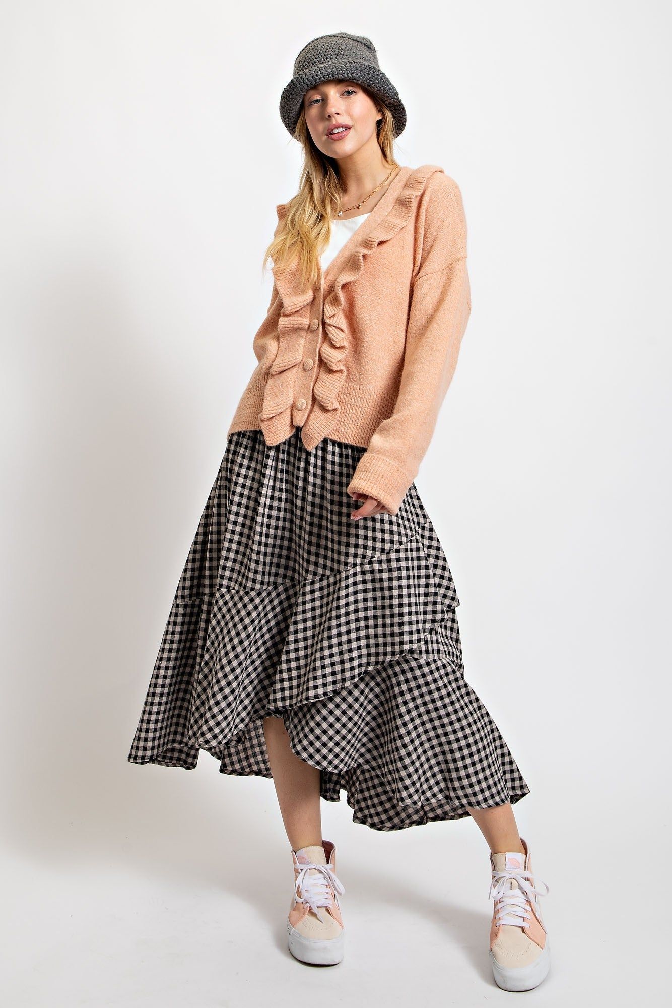 Black Plaid Ruffle Midi Skirt sold by Pinkblush