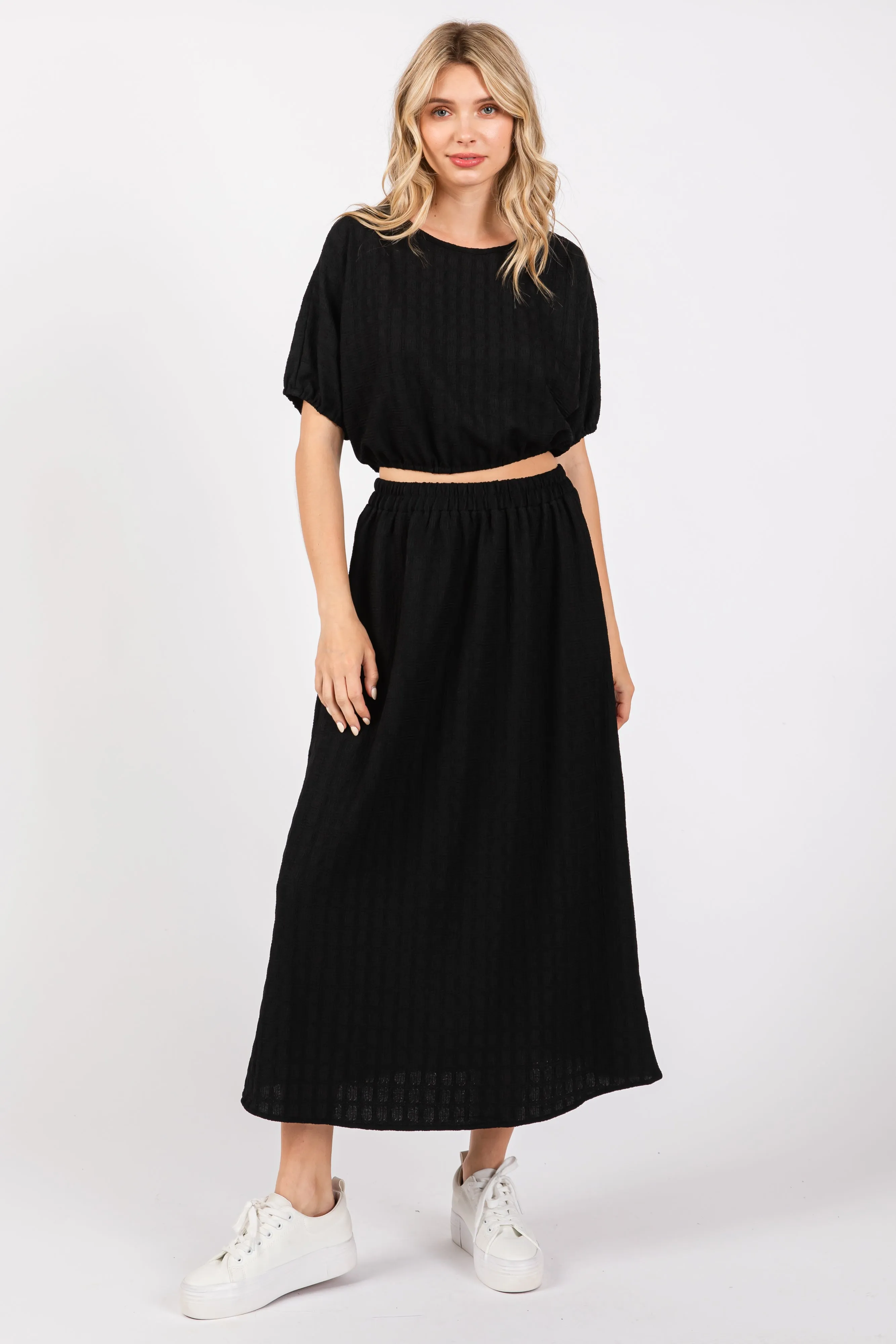 Black Waffle Texture Crop Top and Skirt Set sold by Pinkblush