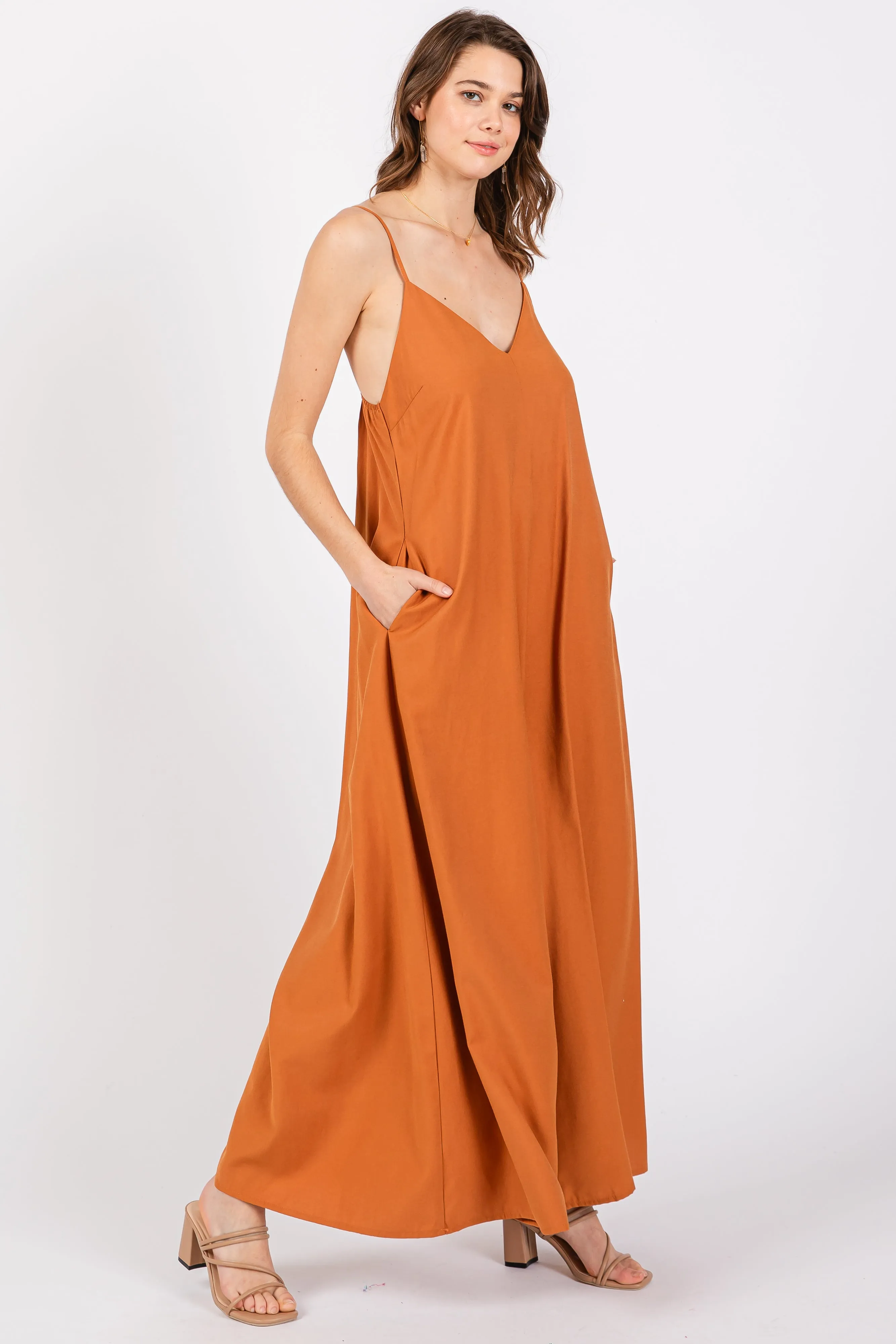 Rust V-Neck Sleeveless Wide Leg Jumpsuit sold by Pinkblush product image thumbnail 2