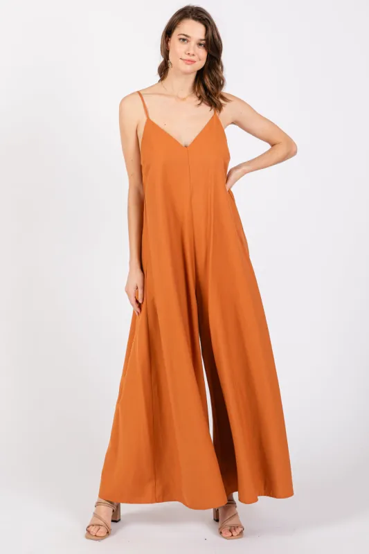 Rust V-Neck Sleeveless Wide Leg Jumpsuit sold by Pinkblush