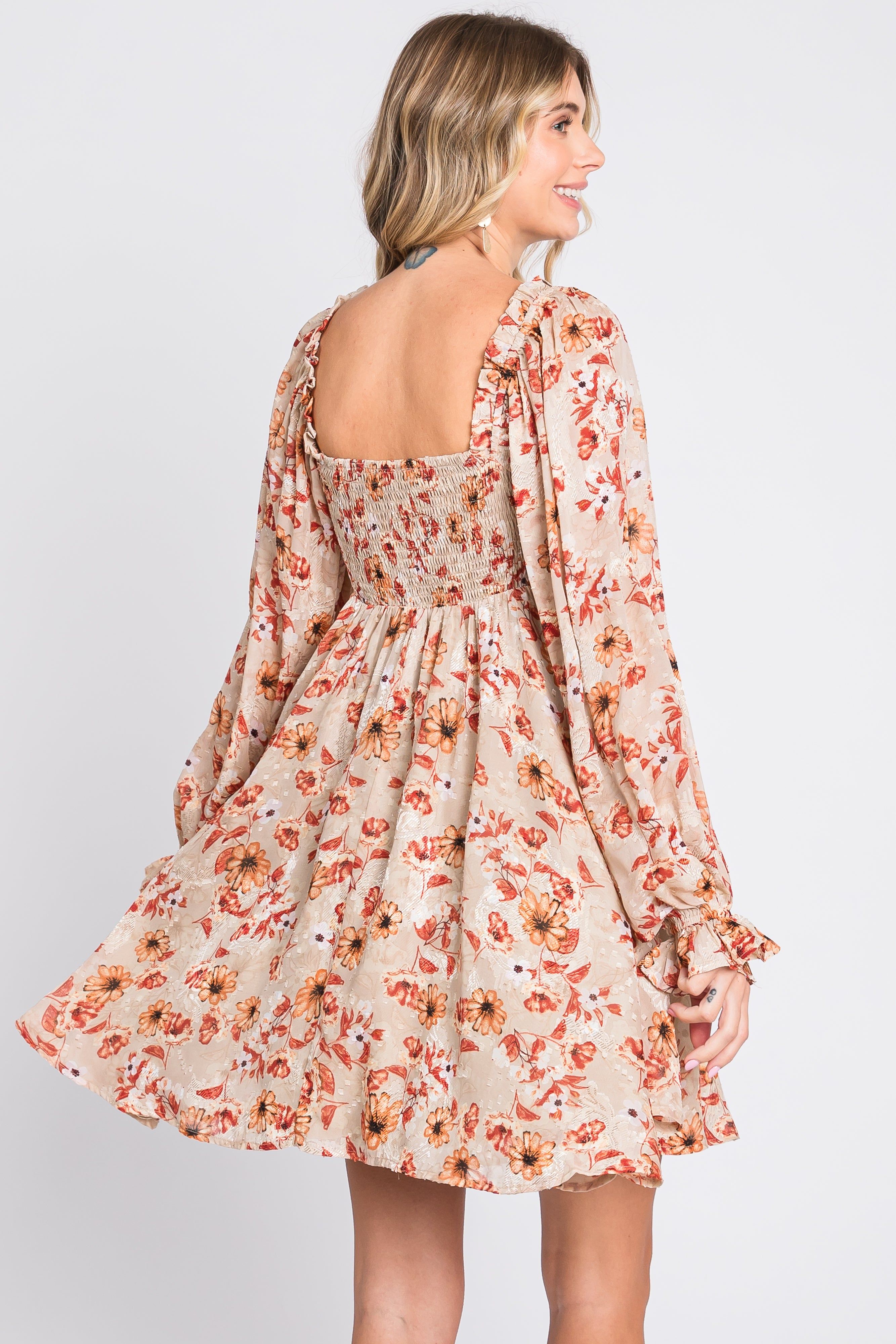 Taupe Floral Chiffon Sweetheart Neck Long Puff Sleeve Dress sold by Pinkblush product image thumbnail 4