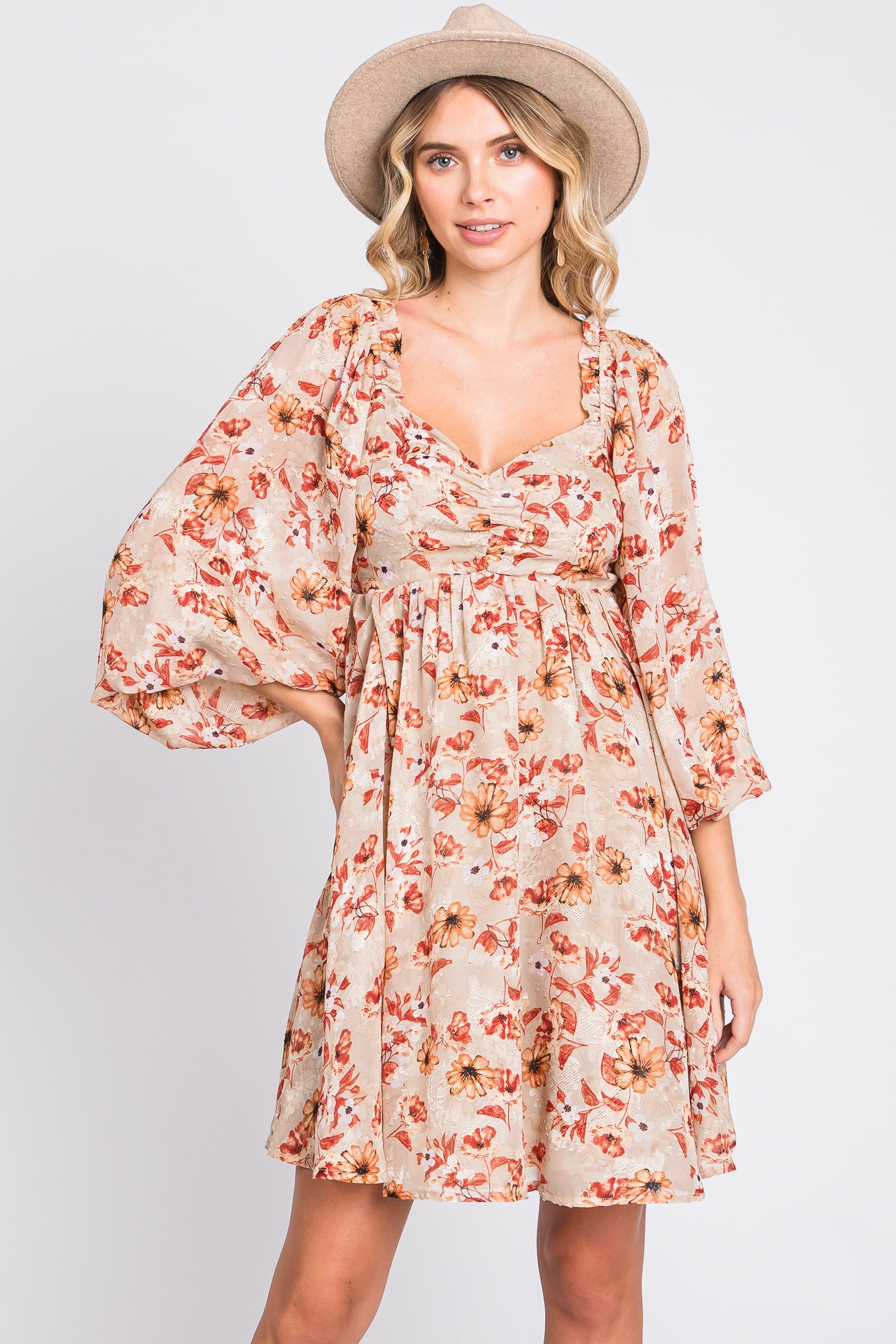 Taupe Floral Chiffon Sweetheart Neck Long Puff Sleeve Dress sold by Pinkblush