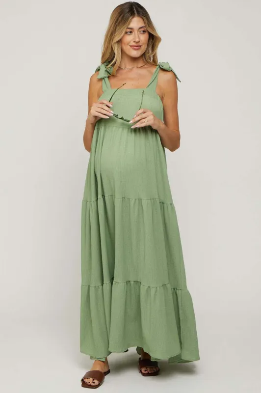 Sage Sleeveless Tiered Maternity Maxi Dress sold by Pinkblush
