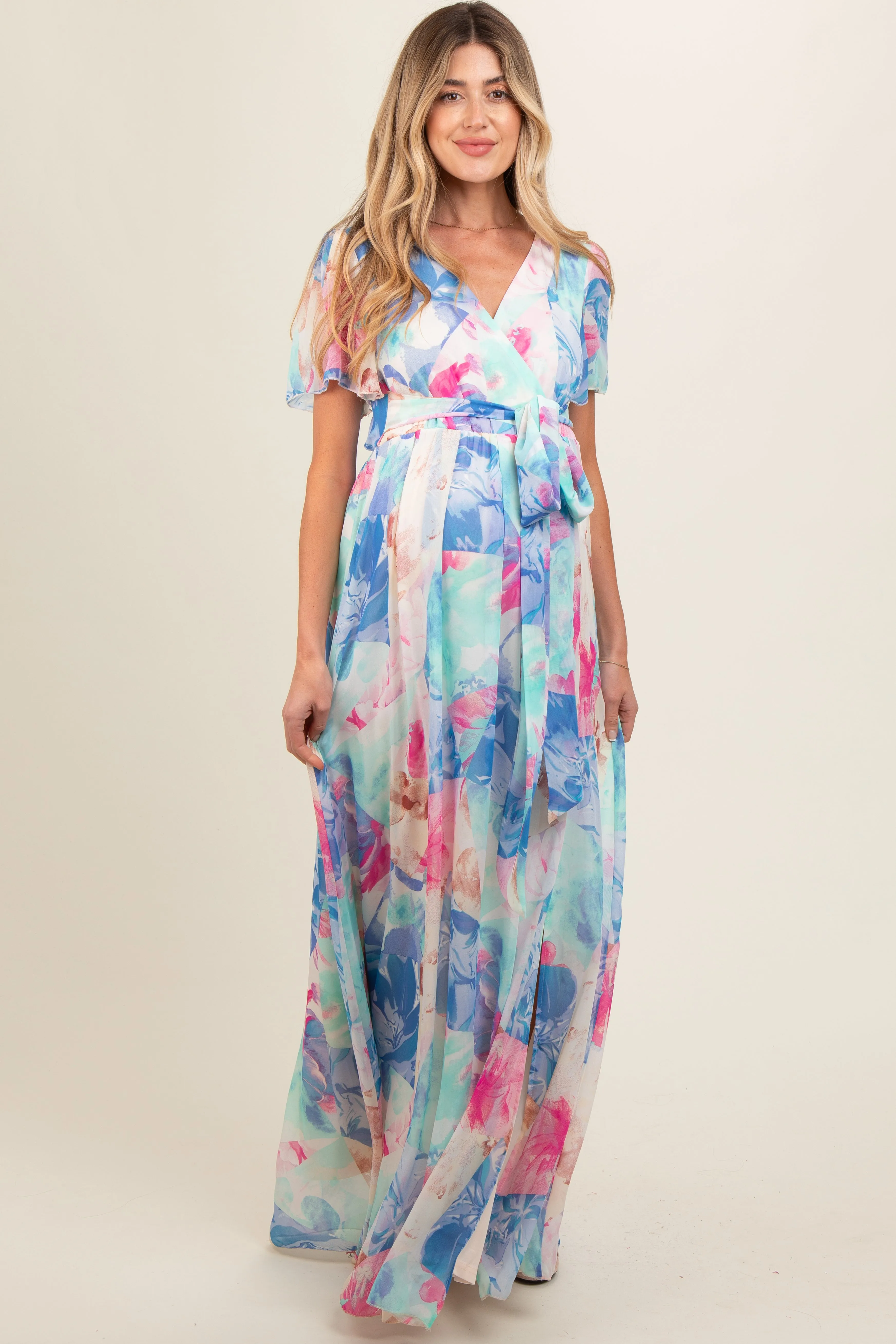Blue Multicolor Floral Side Slit Maternity Wrap Maxi Dress sold by Pinkblush product image thumbnail 2