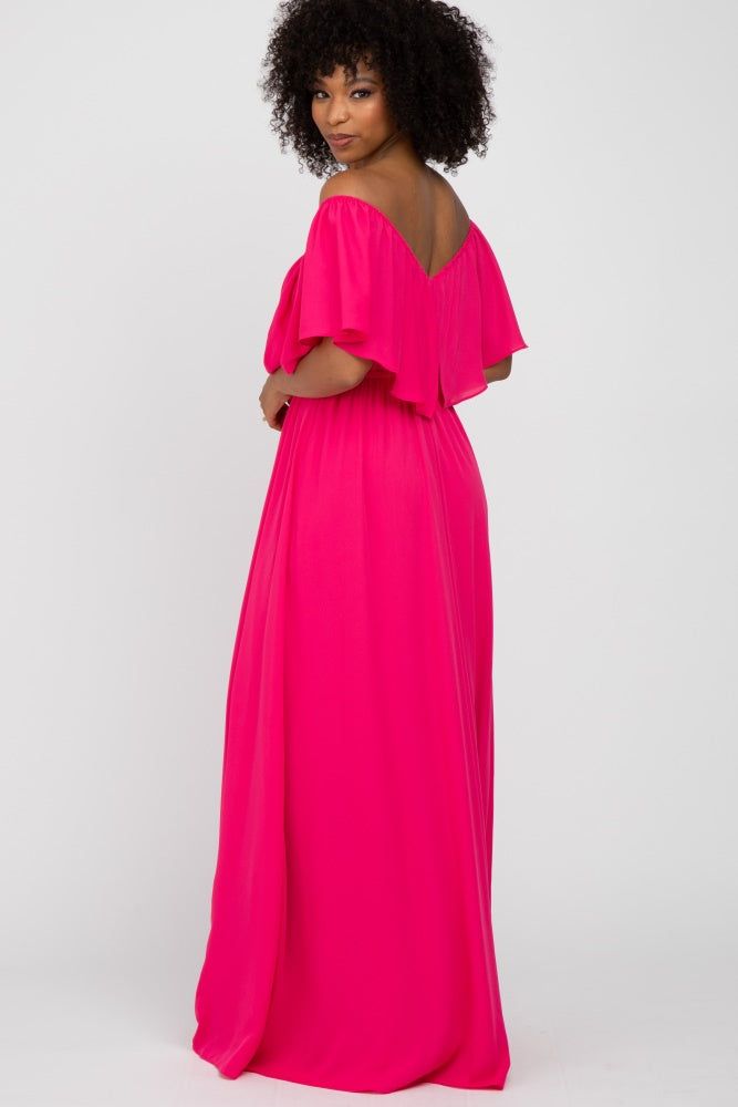Fuchsia Chiffon Off Shoulder Gown sold by Pinkblush product image thumbnail 3