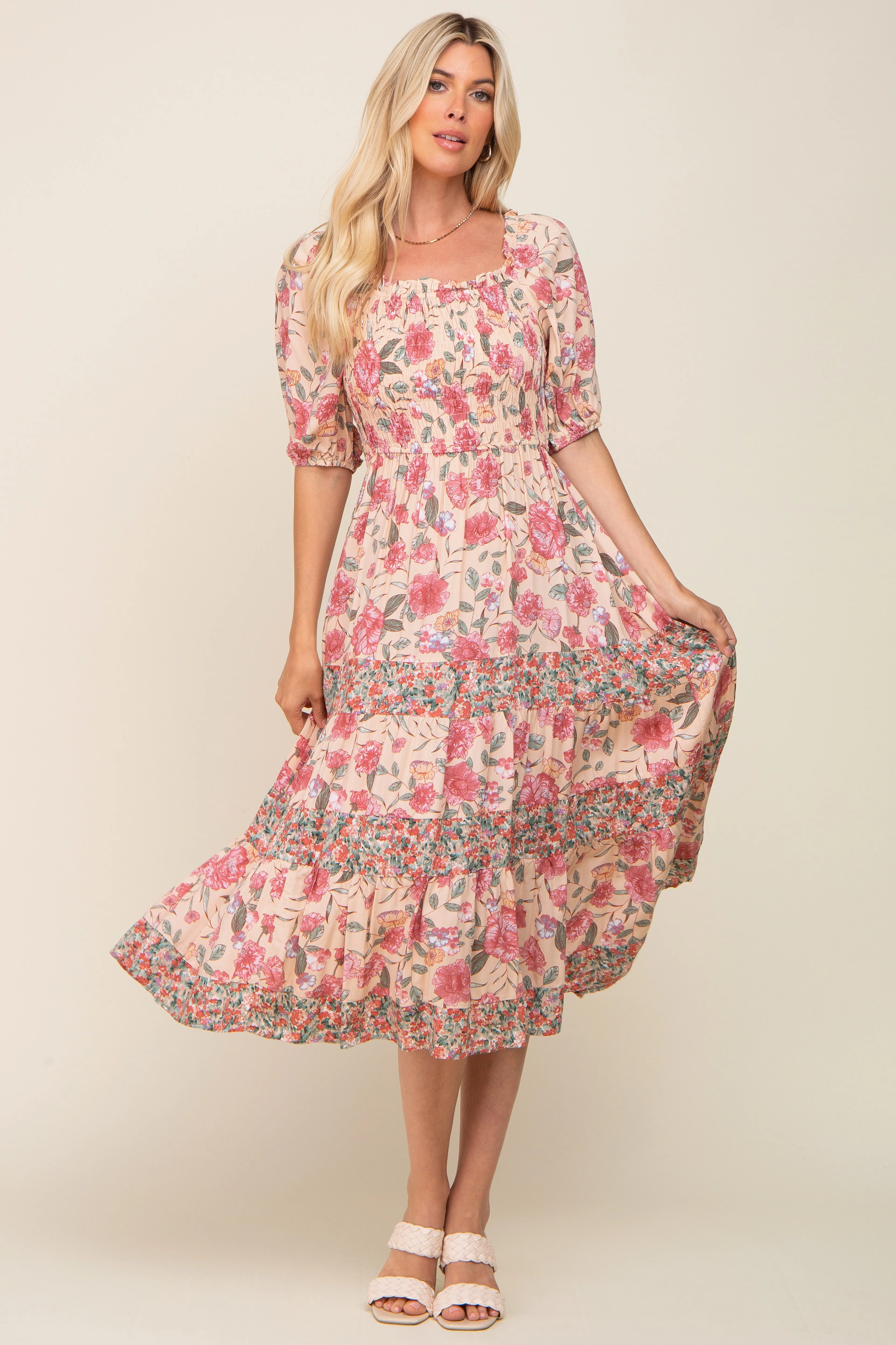 Mauve Floral Puff Sleeve Tiered Midi Dress sold by Pinkblush product image thumbnail 4