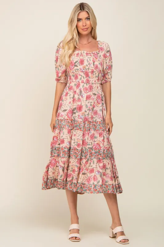 Mauve Floral Puff Sleeve Tiered Midi Dress sold by Pinkblush