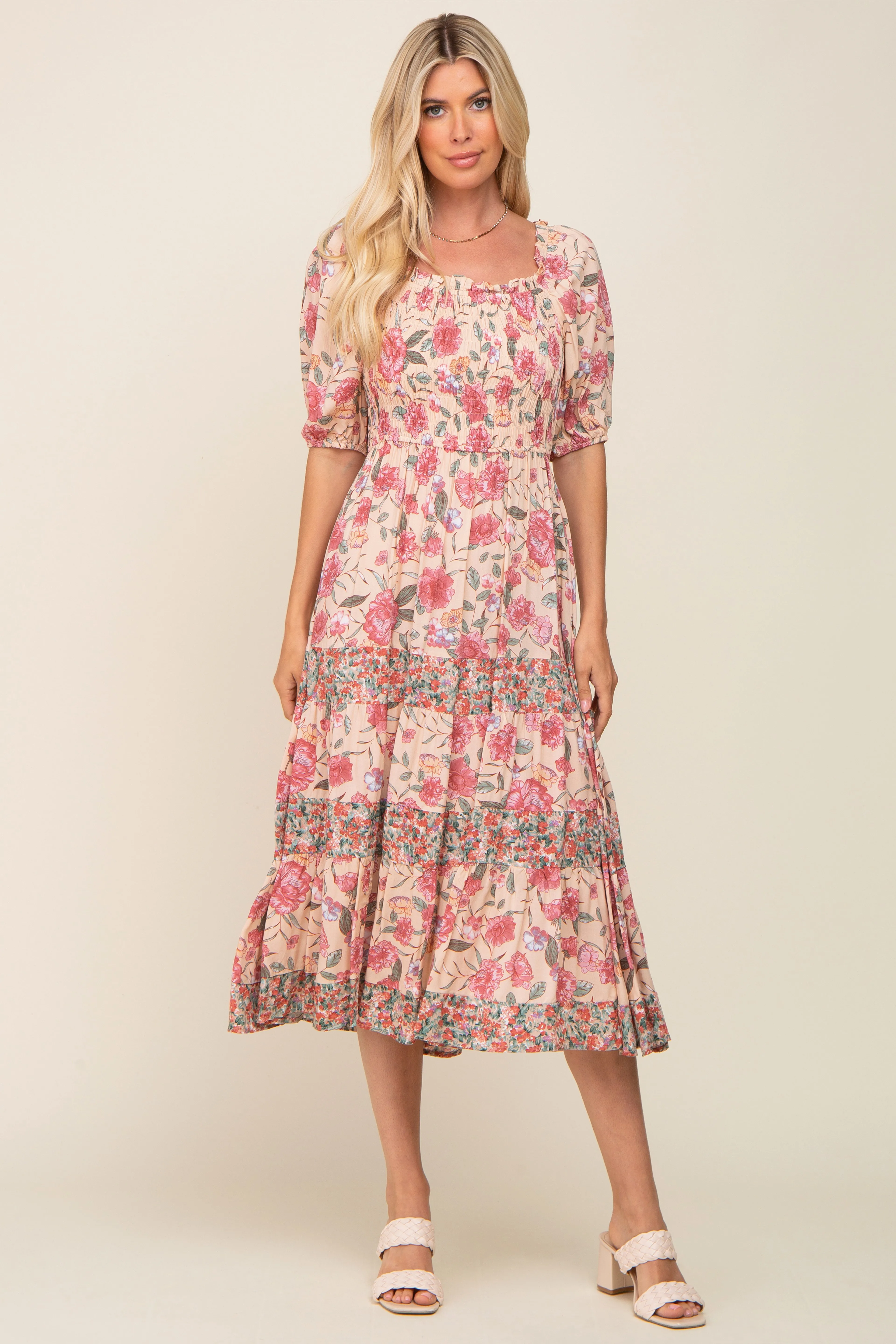 Mauve Floral Puff Sleeve Tiered Midi Dress sold by Pinkblush