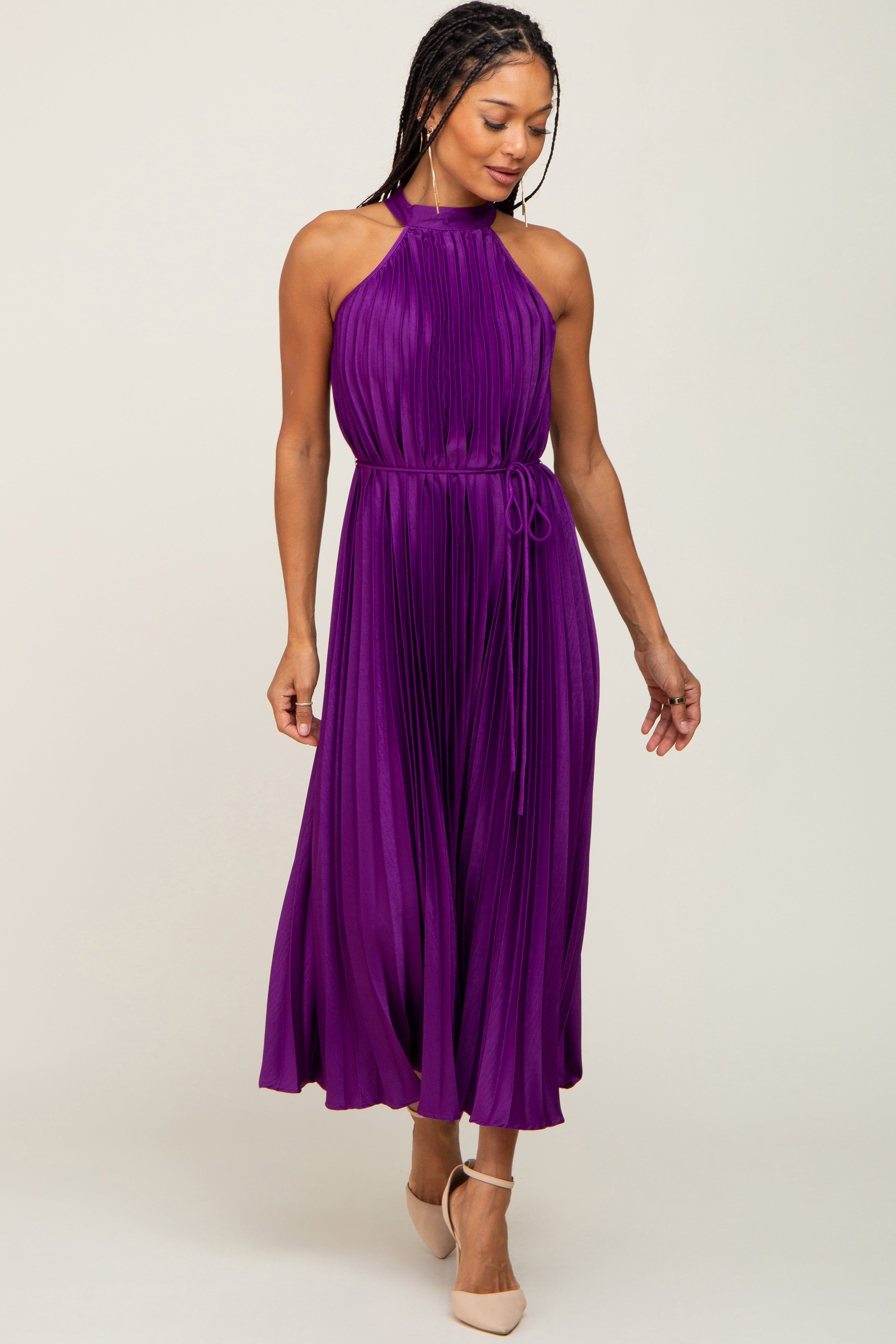 Purple Pleated Halter Dress sold by Pinkblush