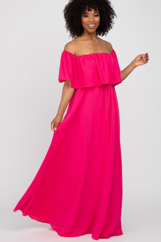 Fuchsia Chiffon Off Shoulder Gown sold by Pinkblush