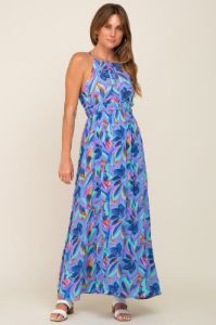Blue Floral Halter Shirred Maxi Dress sold by Pinkblush