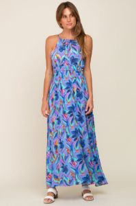 Blue Floral Halter Shirred Maxi Dress sold by Pinkblush
