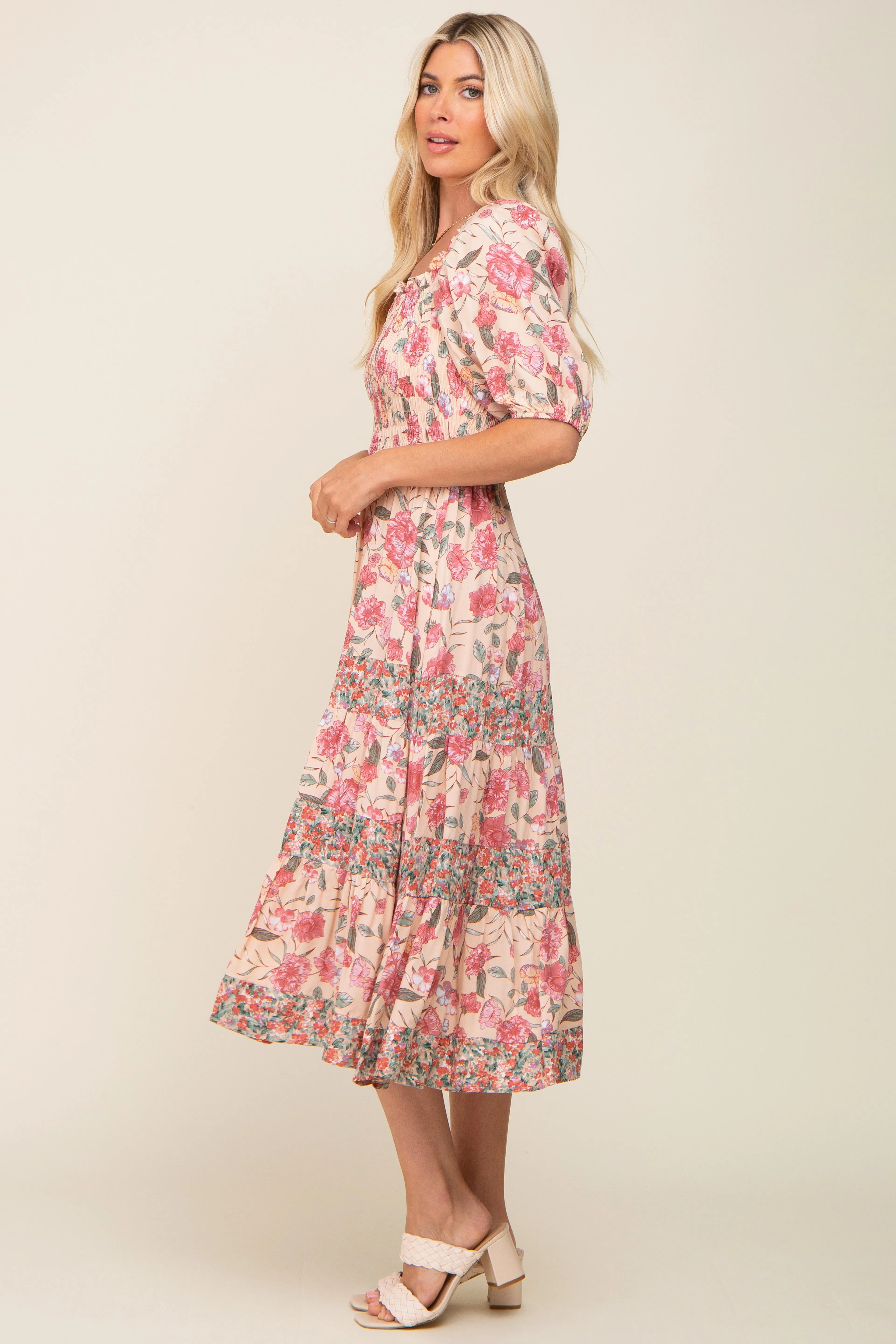 Mauve Floral Puff Sleeve Tiered Midi Dress sold by Pinkblush product image thumbnail 2