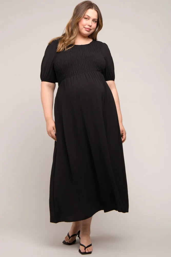 Black Smocked Short Sleeve Maternity Midi Dress sold by Pinkblush product image thumbnail 4