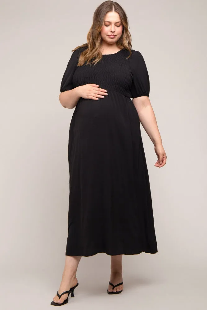Black Smocked Short Sleeve Maternity Midi Dress sold by Pinkblush