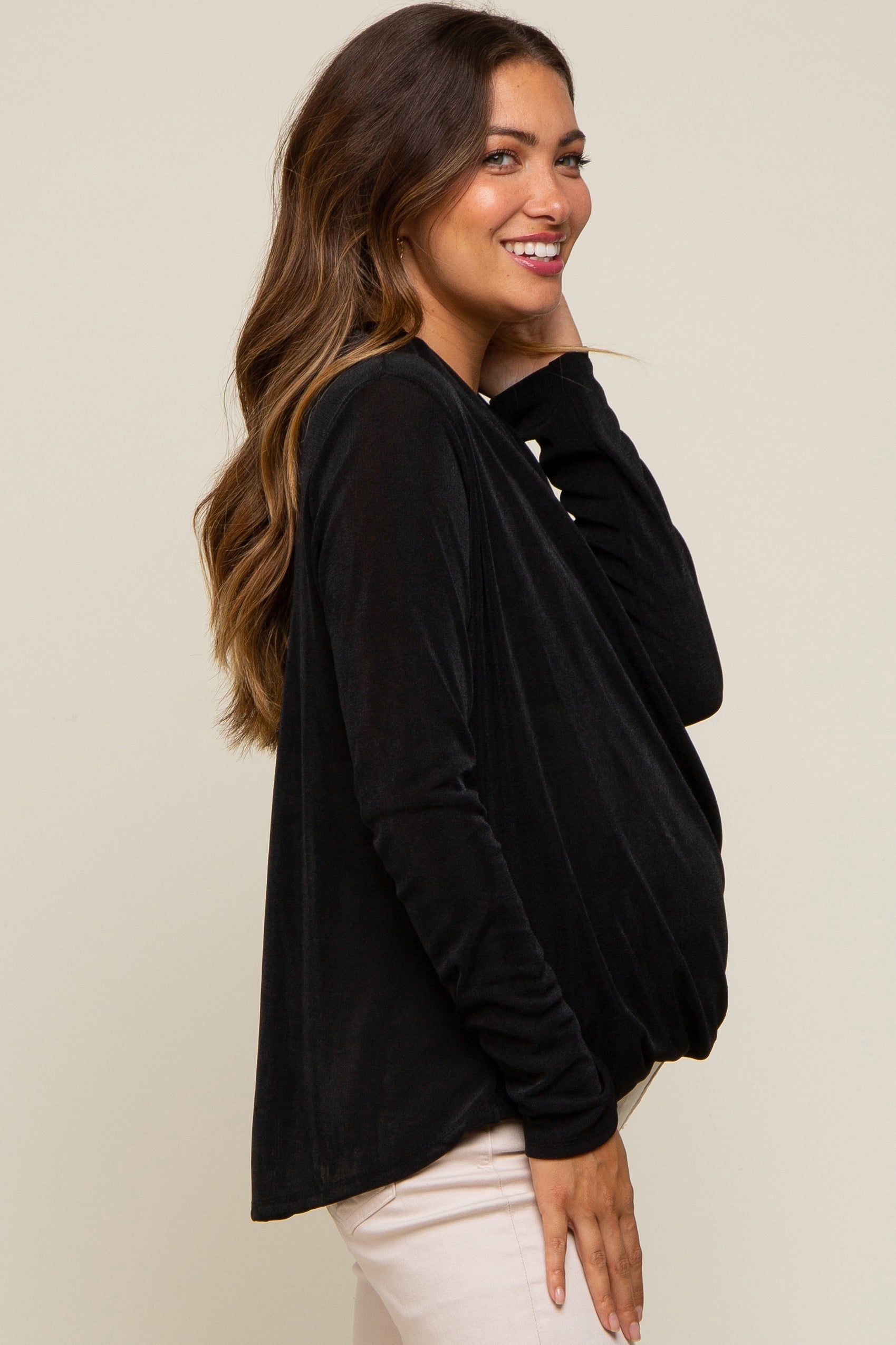 Black Draped Wrap Maternity Knit Blouse sold by Pinkblush product image thumbnail 3