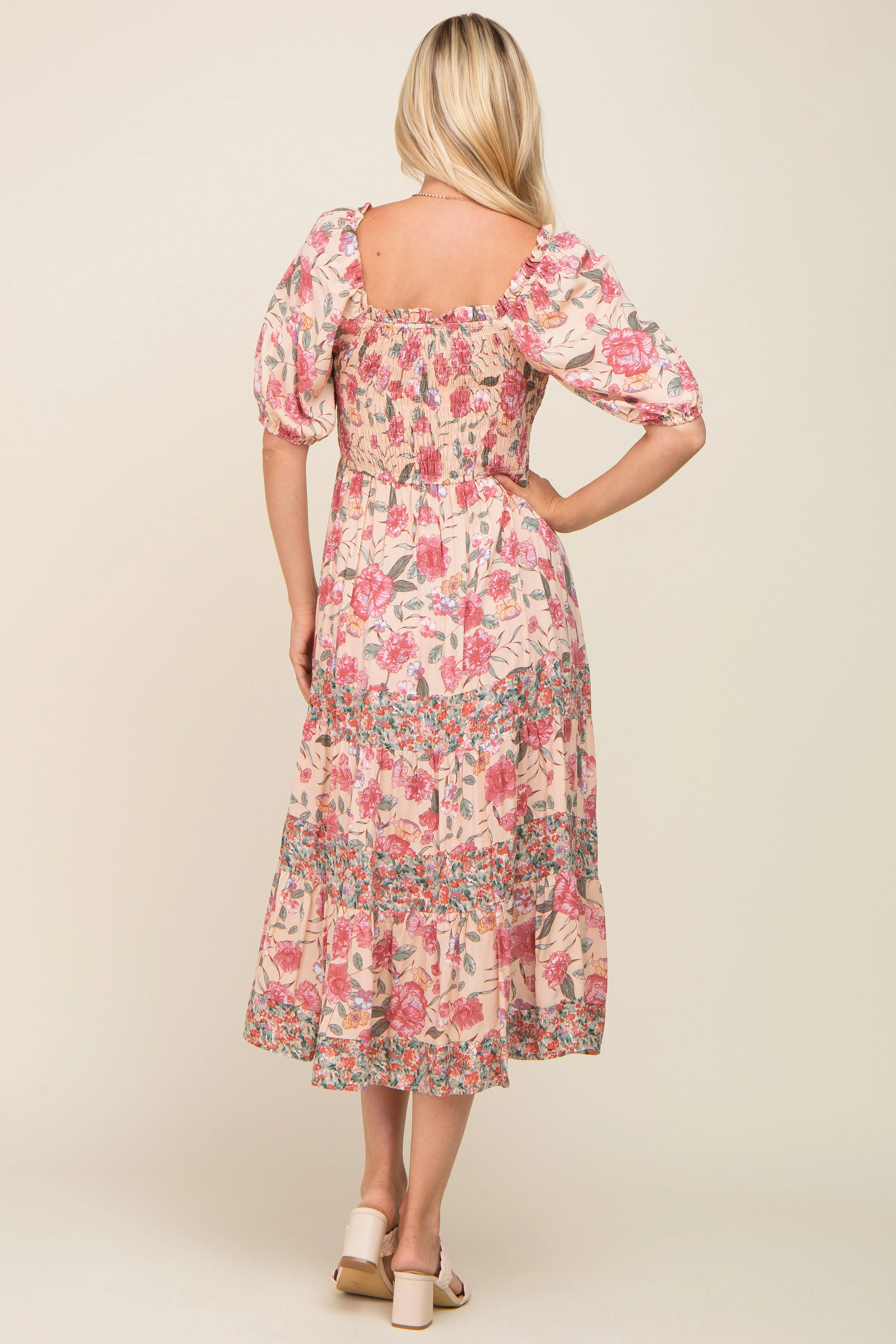 Mauve Floral Puff Sleeve Tiered Midi Dress sold by Pinkblush product image thumbnail 3