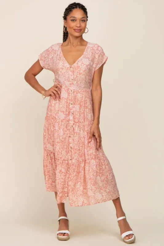 Pink Floral Tiered Button Down Midi Dress sold by Pinkblush