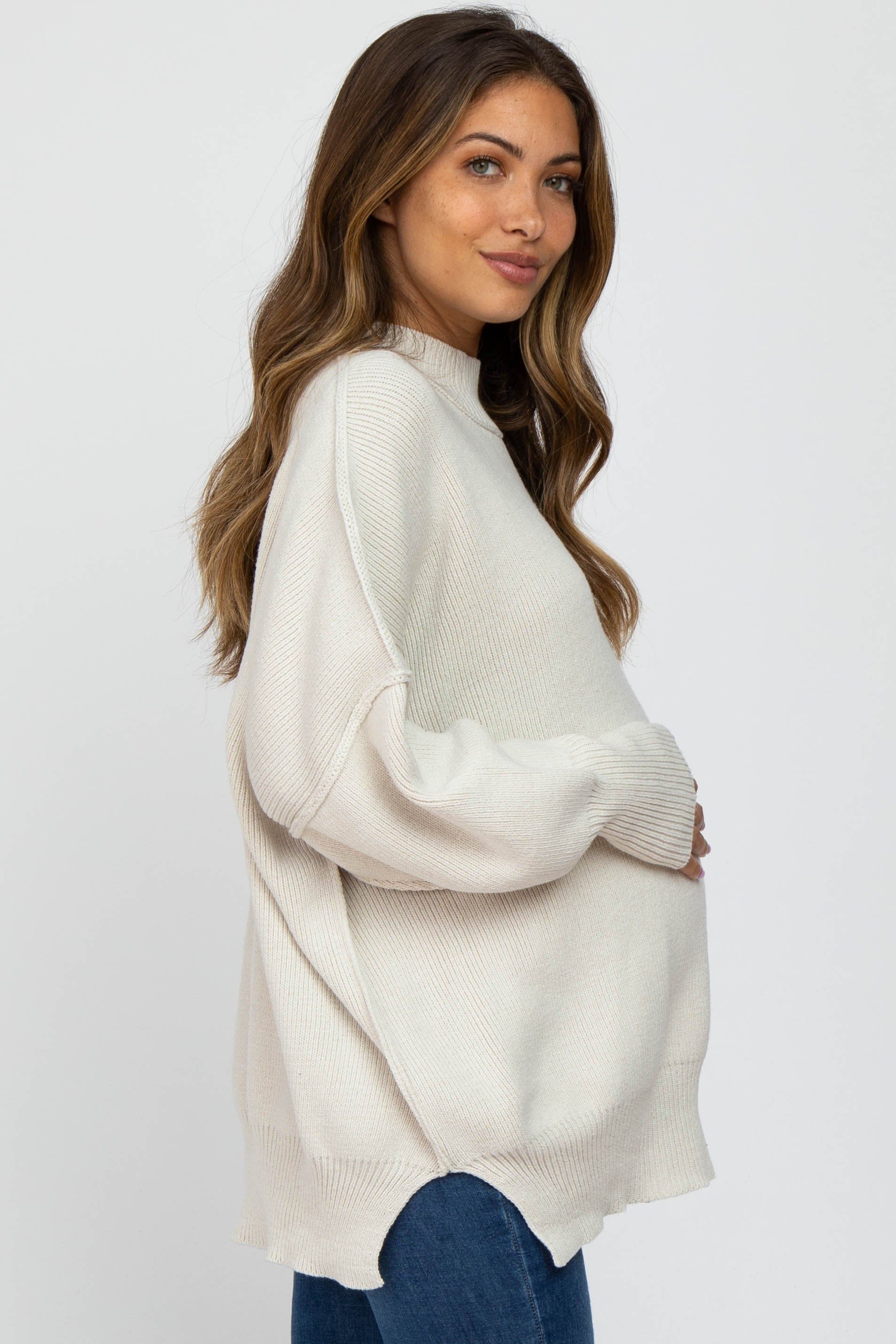 Ivory Mock Neck Exposed Seam Maternity Sweater sold by Pinkblush product image thumbnail 2