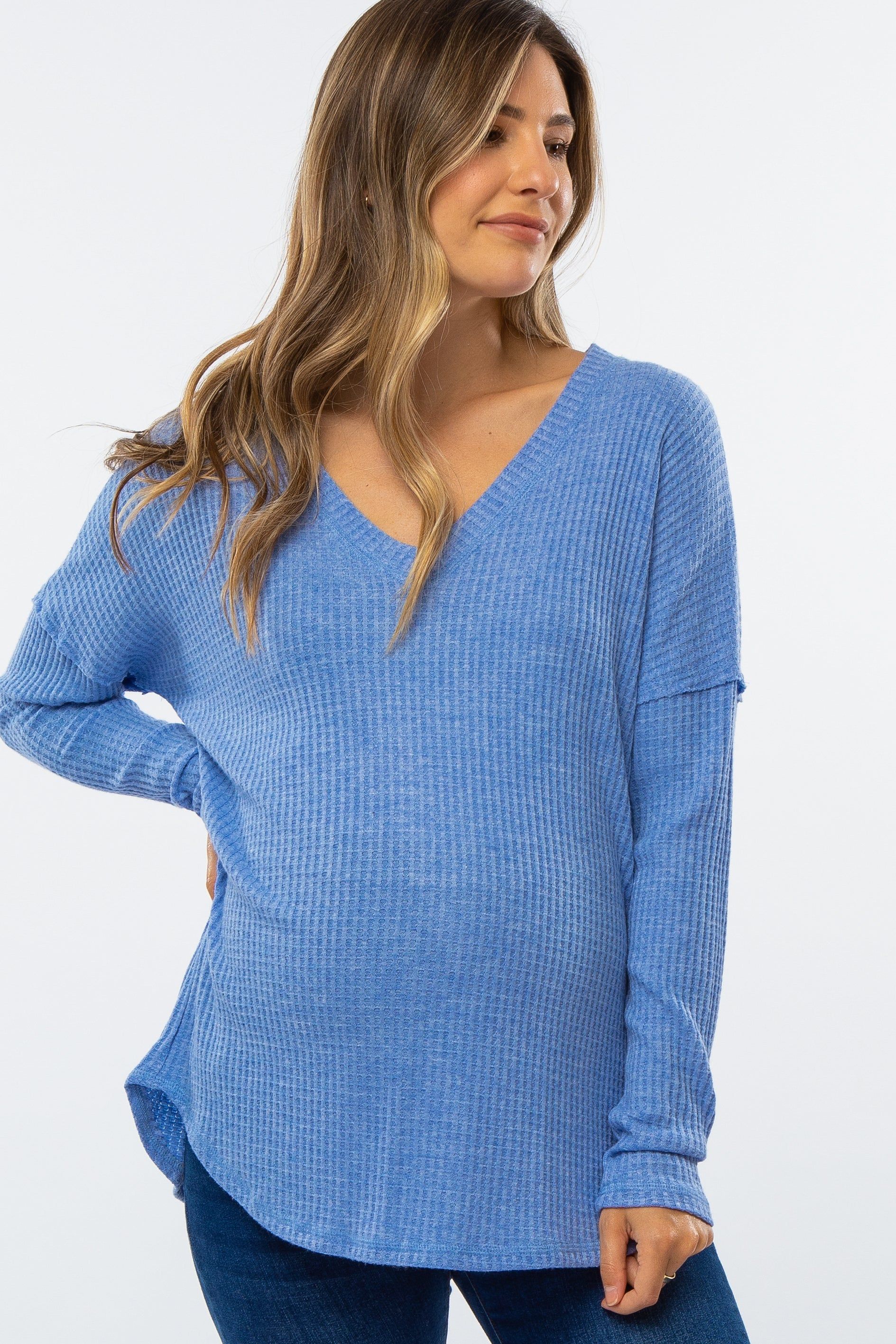 Blue Waffle Knit Long Sleeve Maternity Top sold by Pinkblush