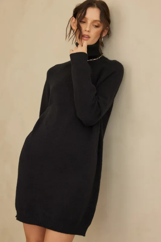 Black Knit Long Sleeve Turtleneck Sweater Dress sold by Pinkblush