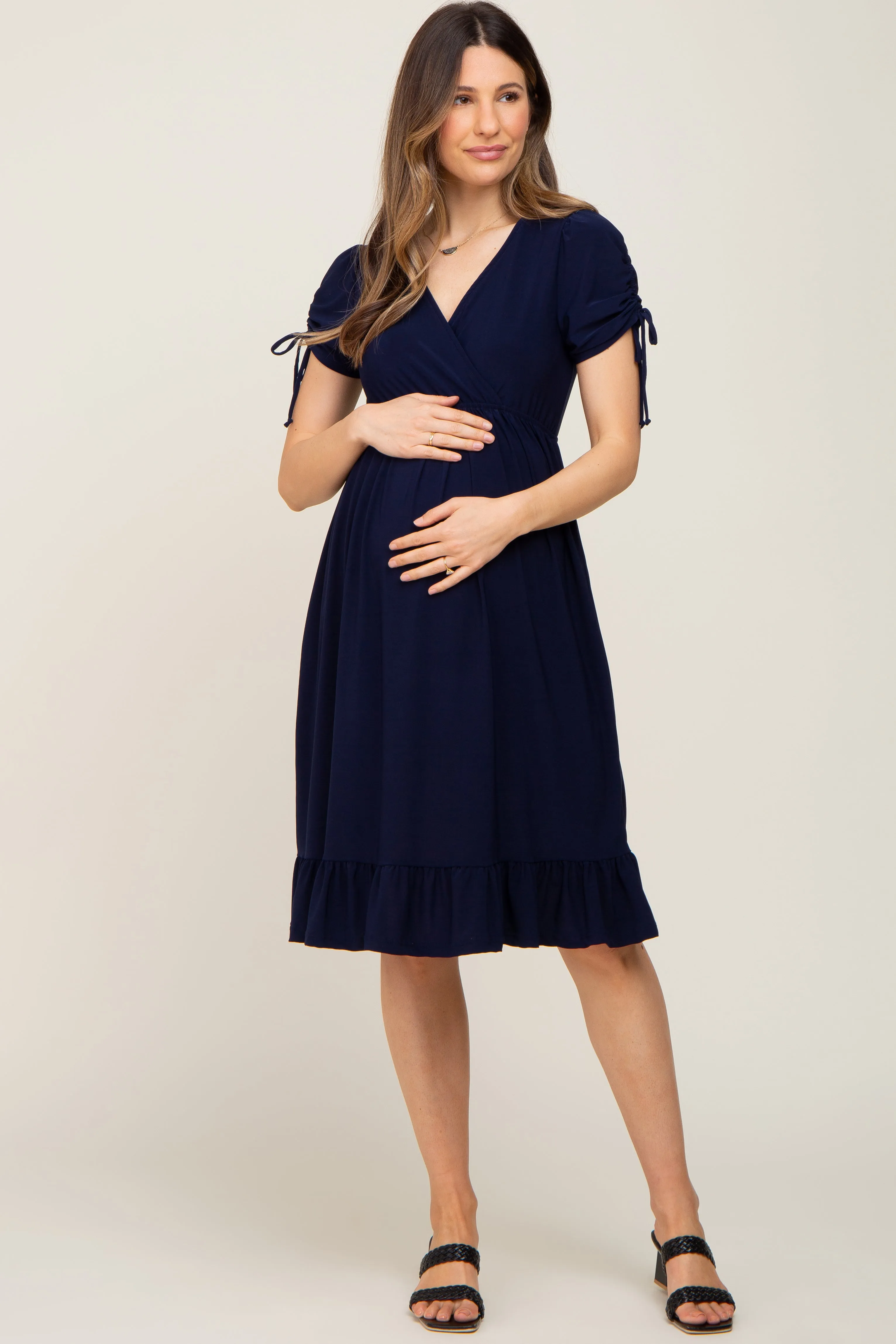 Navy Cinched Sleeve Maternity Midi Dress sold by Pinkblush product image thumbnail 5