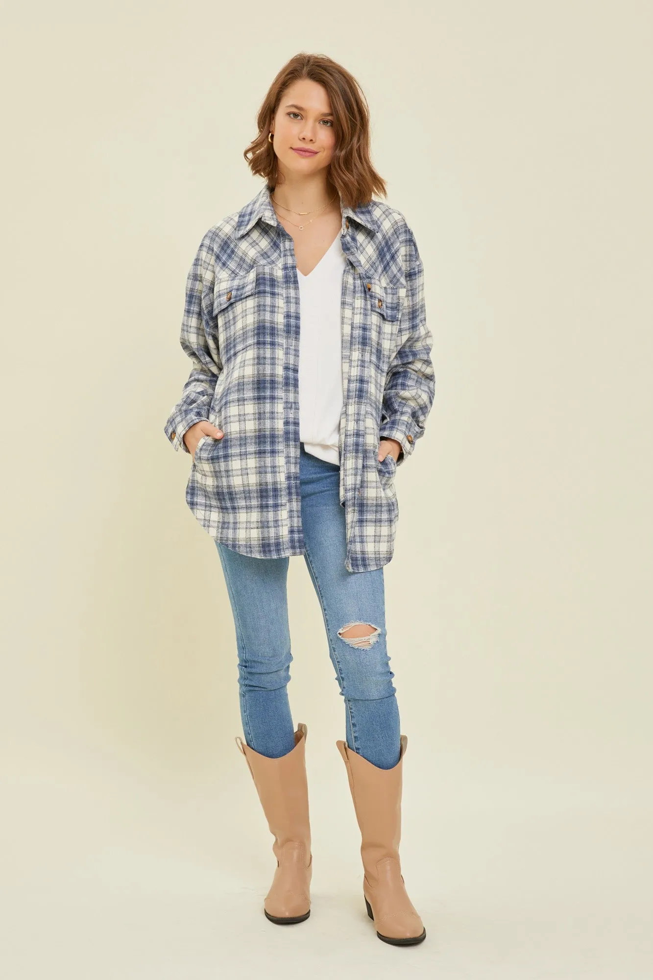 Navy Blue Flannel Plaid Button Up Shacket sold by Pinkblush product image thumbnail 3