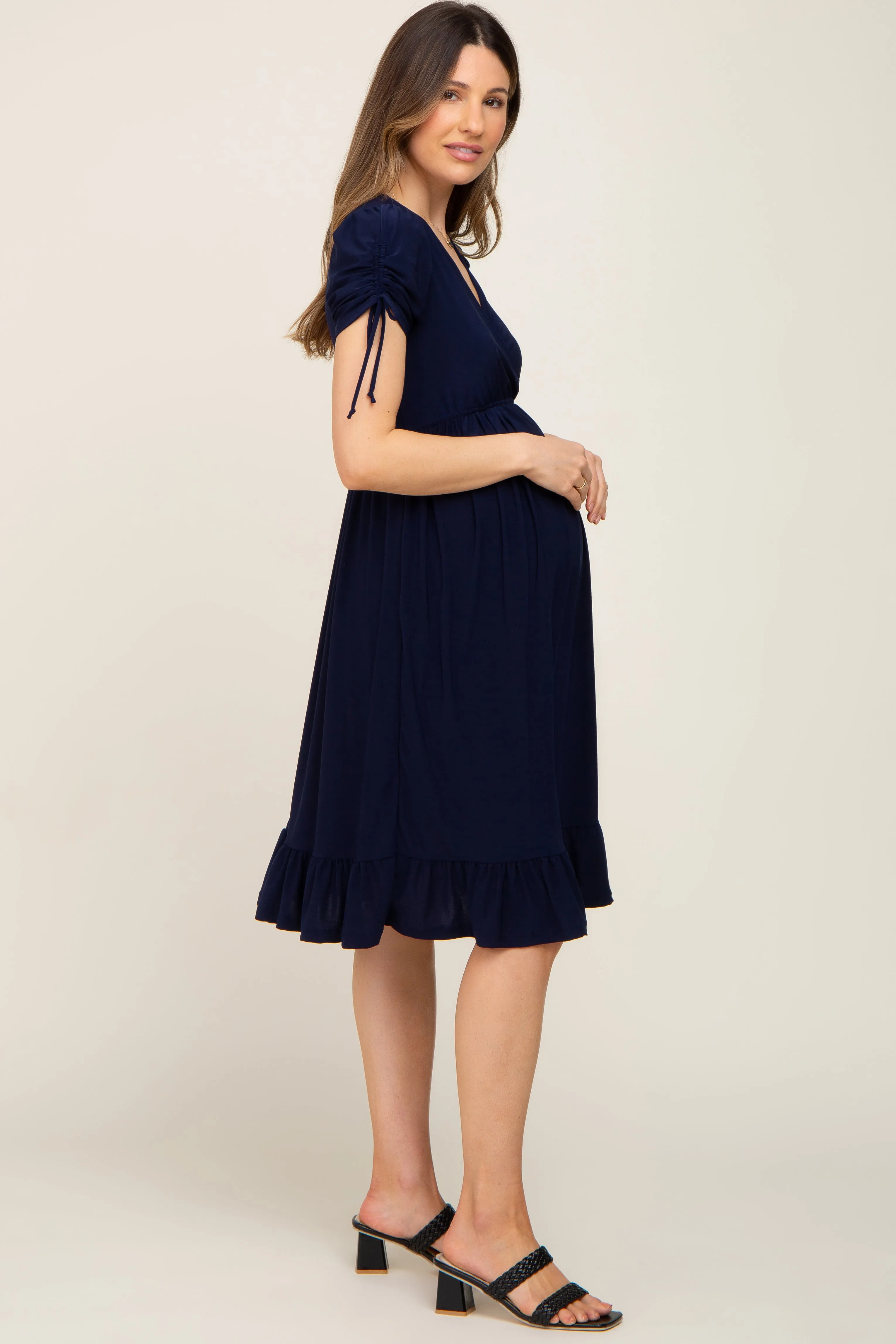 Navy Cinched Sleeve Maternity Midi Dress sold by Pinkblush product image thumbnail 2