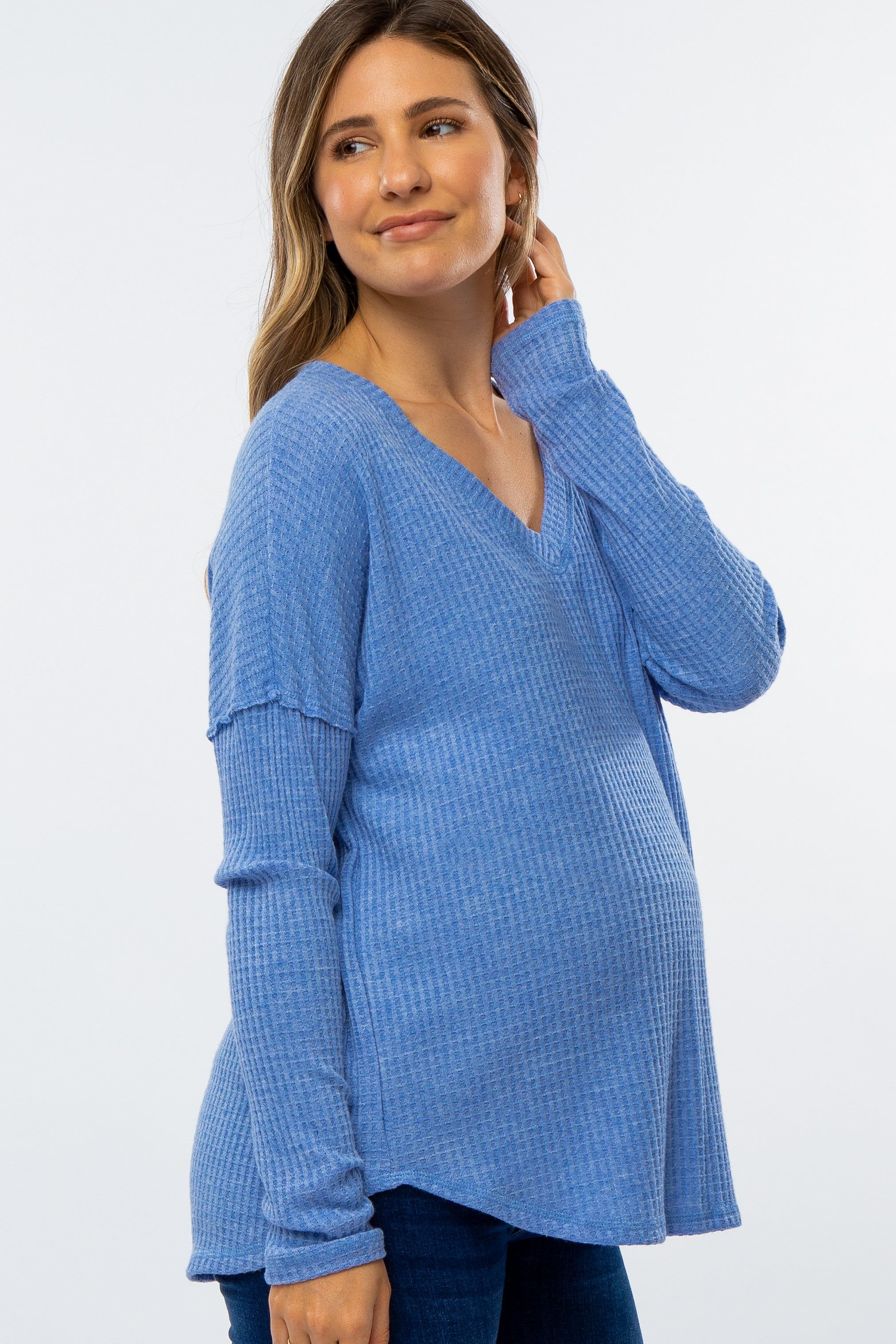 Blue Waffle Knit Long Sleeve Maternity Top sold by Pinkblush product image thumbnail 2