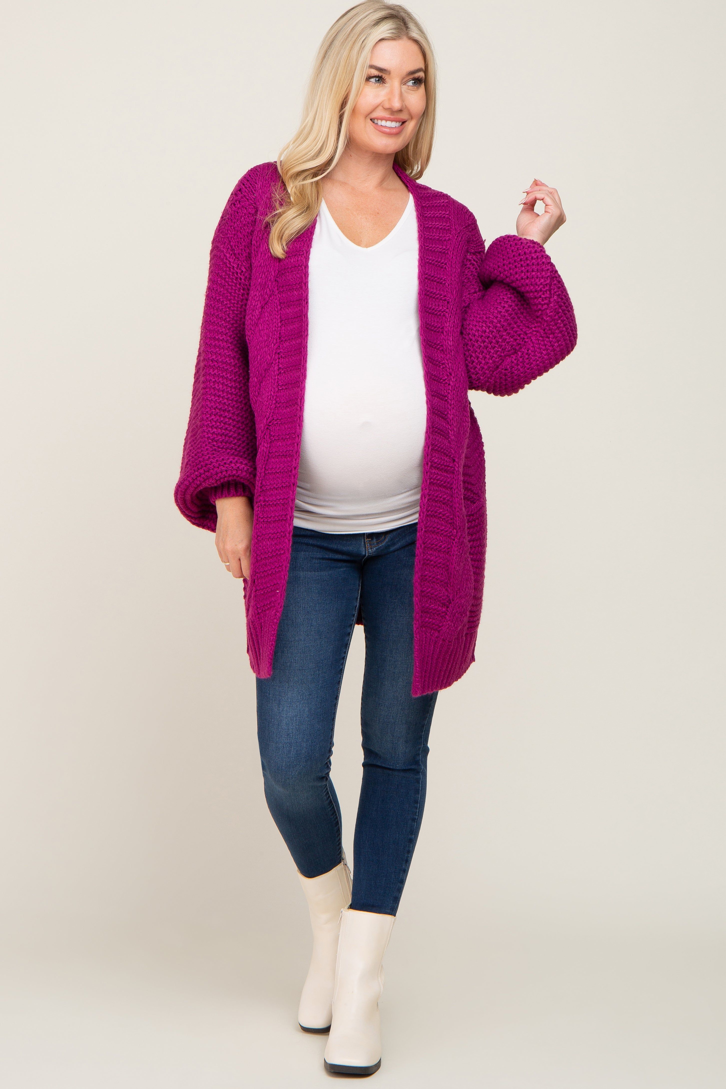 Magenta Cable Knit Front Pocket Maternity Cardigan sold by Pinkblush product image thumbnail 4