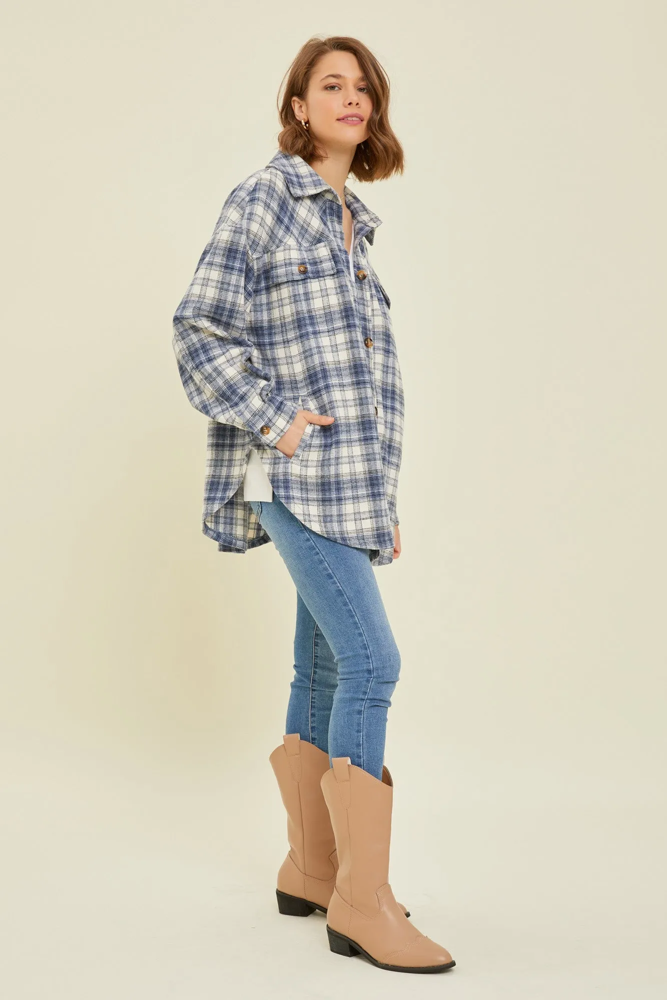 Navy Blue Flannel Plaid Button Up Shacket sold by Pinkblush product image thumbnail 4