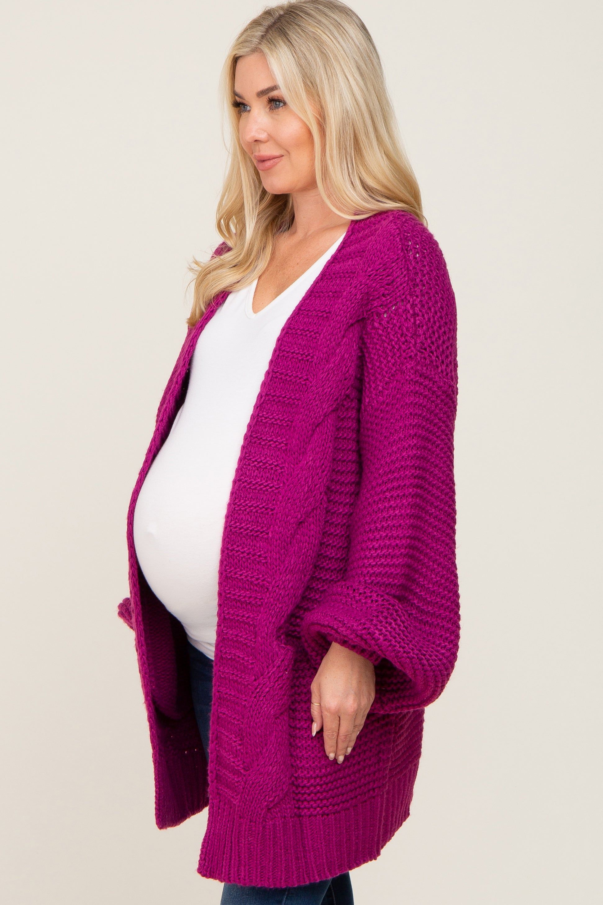 Magenta Cable Knit Front Pocket Maternity Cardigan sold by Pinkblush product image thumbnail 2